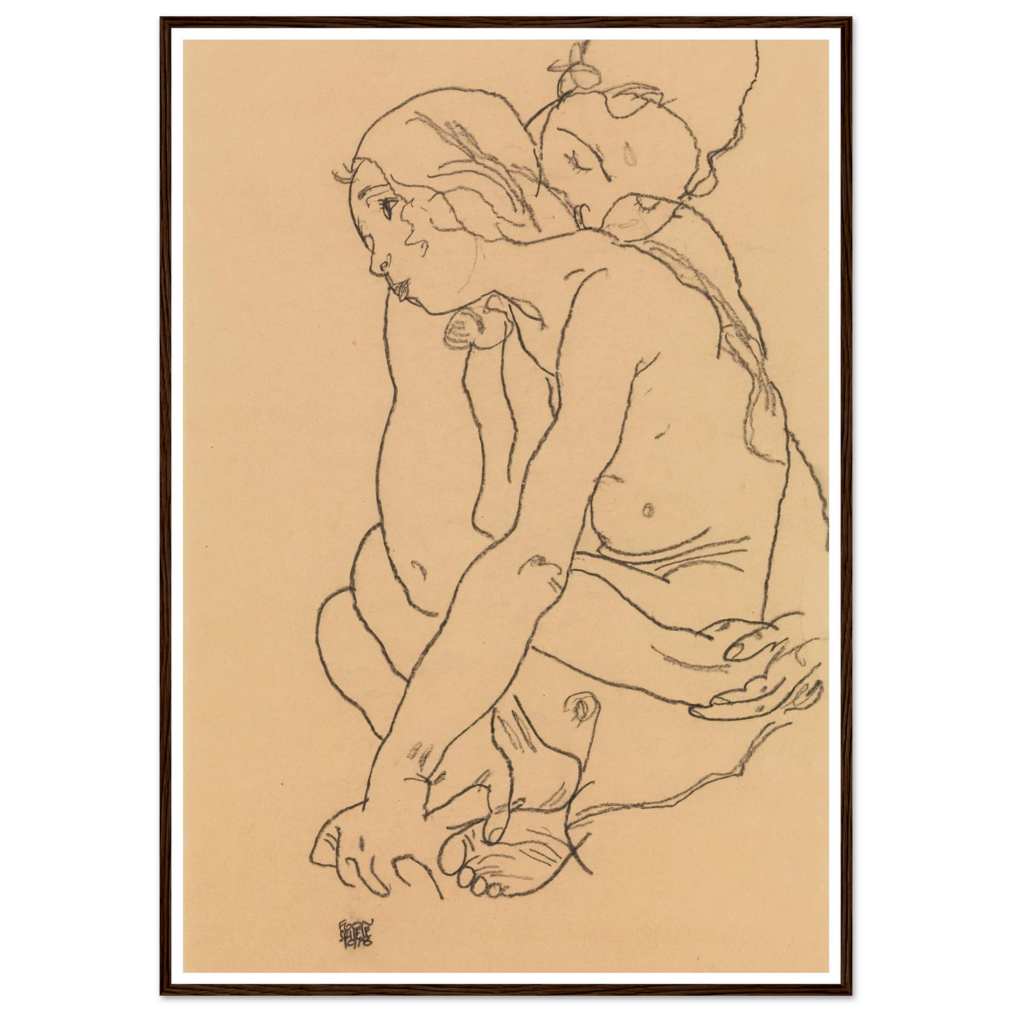 Woman and Girl Embracing (1918) Art Print | Egon Schiele - Framed Poster - 30x40 cm / 12x16″ - Black frame