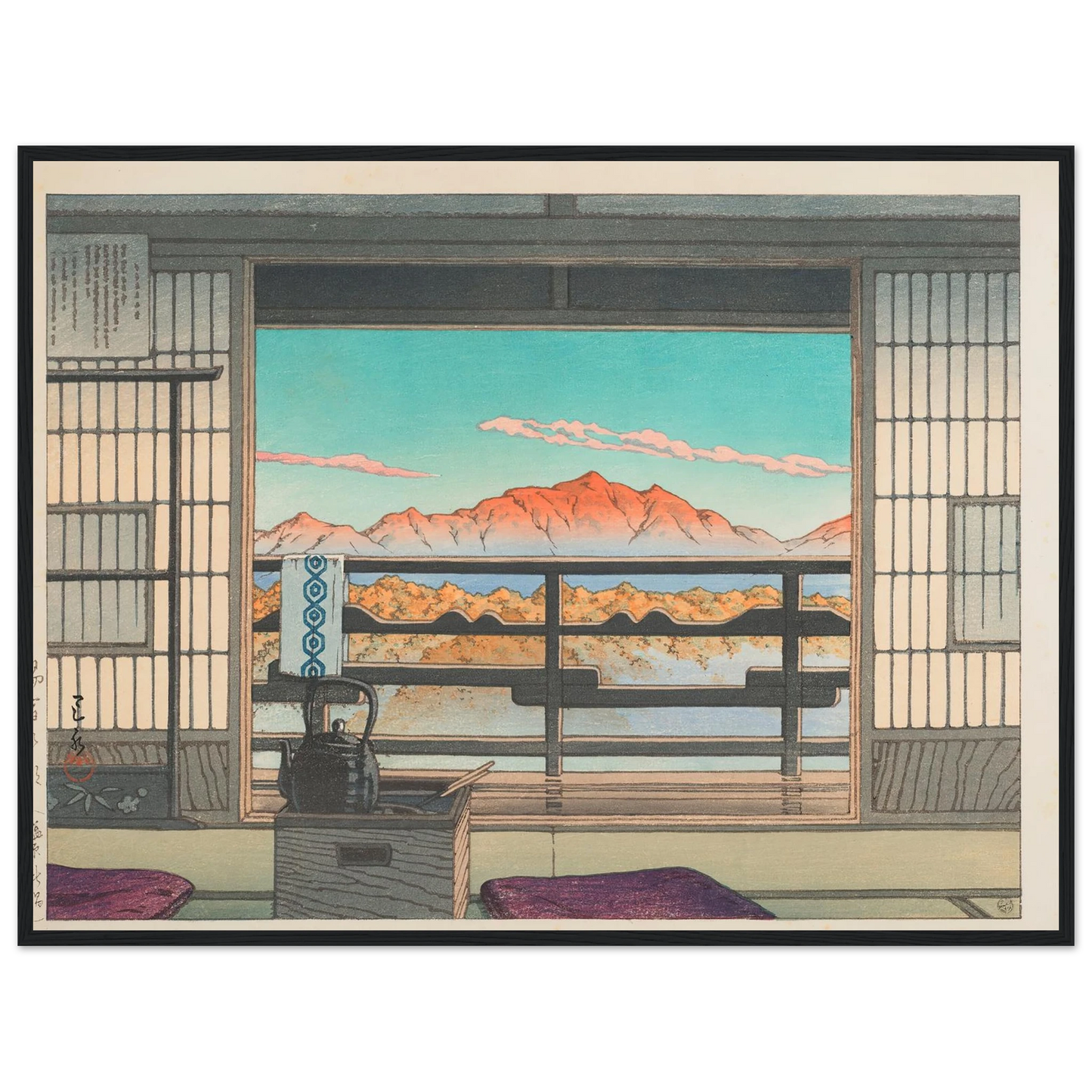 Yuyado no asa Shiobara Arayu (Morning at the Arayu Spa in Shiobara) (1946) Art Print | Kawase Hasui - Framed Poster - 30x40 cm / 12x16″ - Black frame