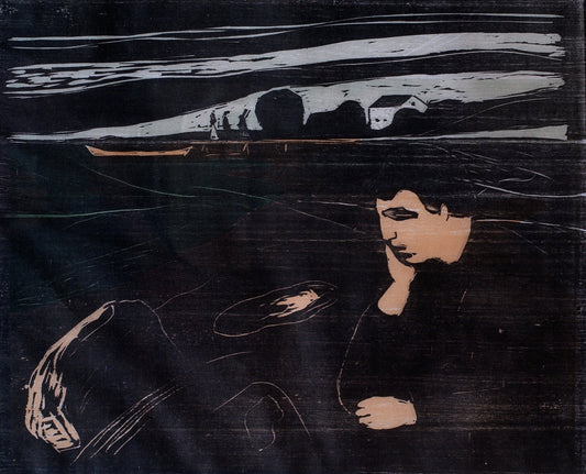 Detail of Edvard Munch’s Evening (Melancholy III) expressionist painting, man in profile sitting by the sea