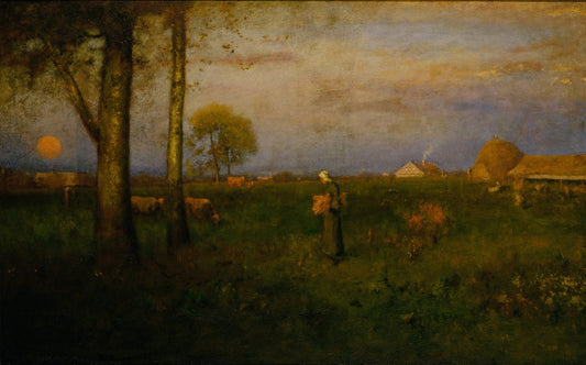 Sundown (1884) by George Inness art print showing a glowing twilight sky over fields.