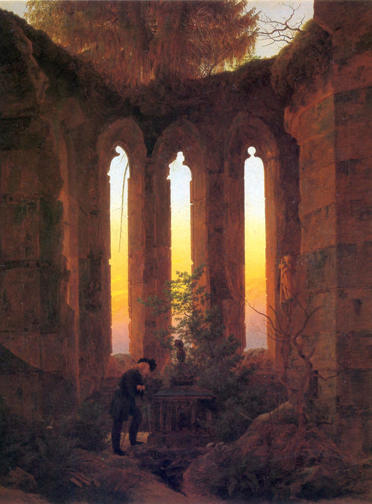 Le Tombeau d’Ulrich von Hutten by Caspar David Friedrich showing a solitary tomb framed by bare trees in soft atmospheric light Romantic landscape art print.
