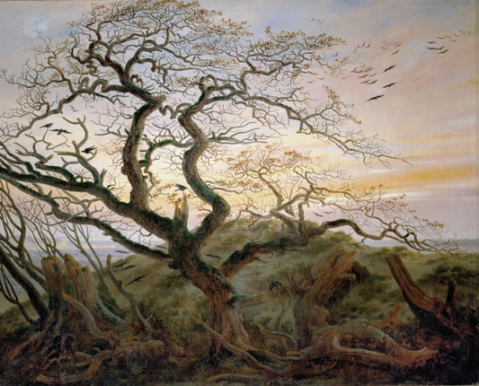 The Tree of Crows by Caspar David Friedrich showing a gnarled tree with silhouetted branches and crows against a dusk sky atmospheric Romantic landscape art print.