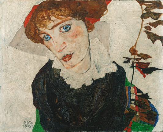 Portrait of Wally Neuzil 1912 by Egon Schiele showing expressionist portrait of a woman with intense gaze and raw linear brushwork art print