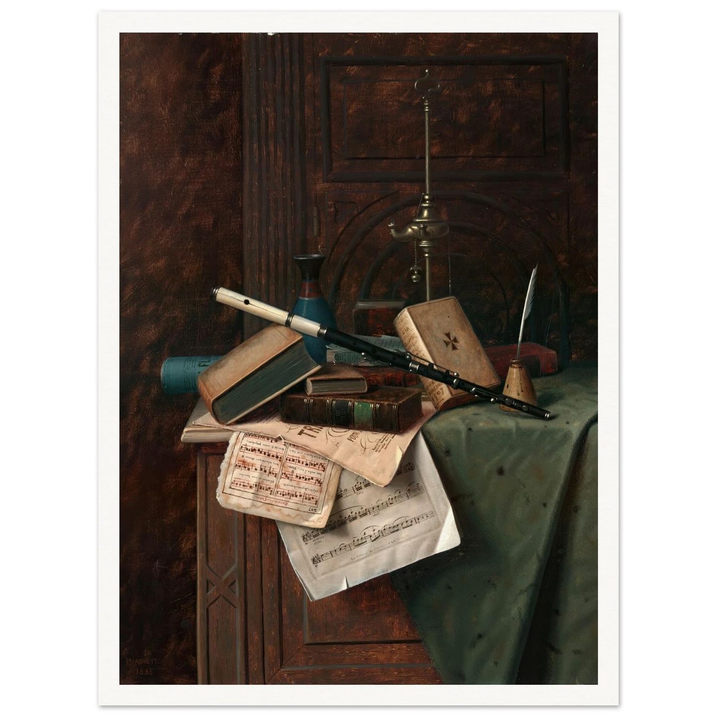 Still Life with Flute, Vase and Roman Lamp (1885) Art Print | William Michael Harnett-Quipham Collections