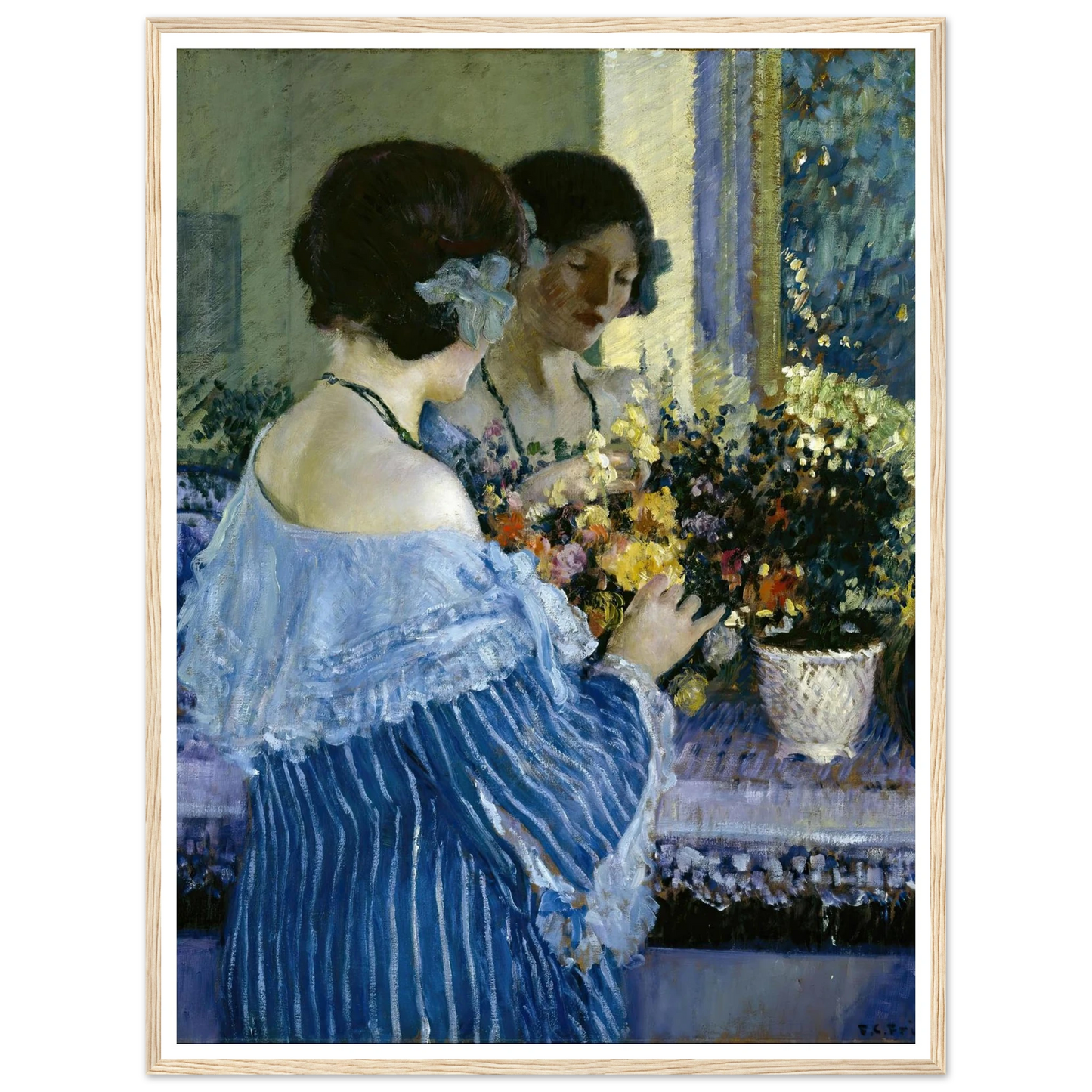 Girl in Blue Arranging Flowers (1915) Art Print | Frederick Carl Frieseke-Quipham Collections