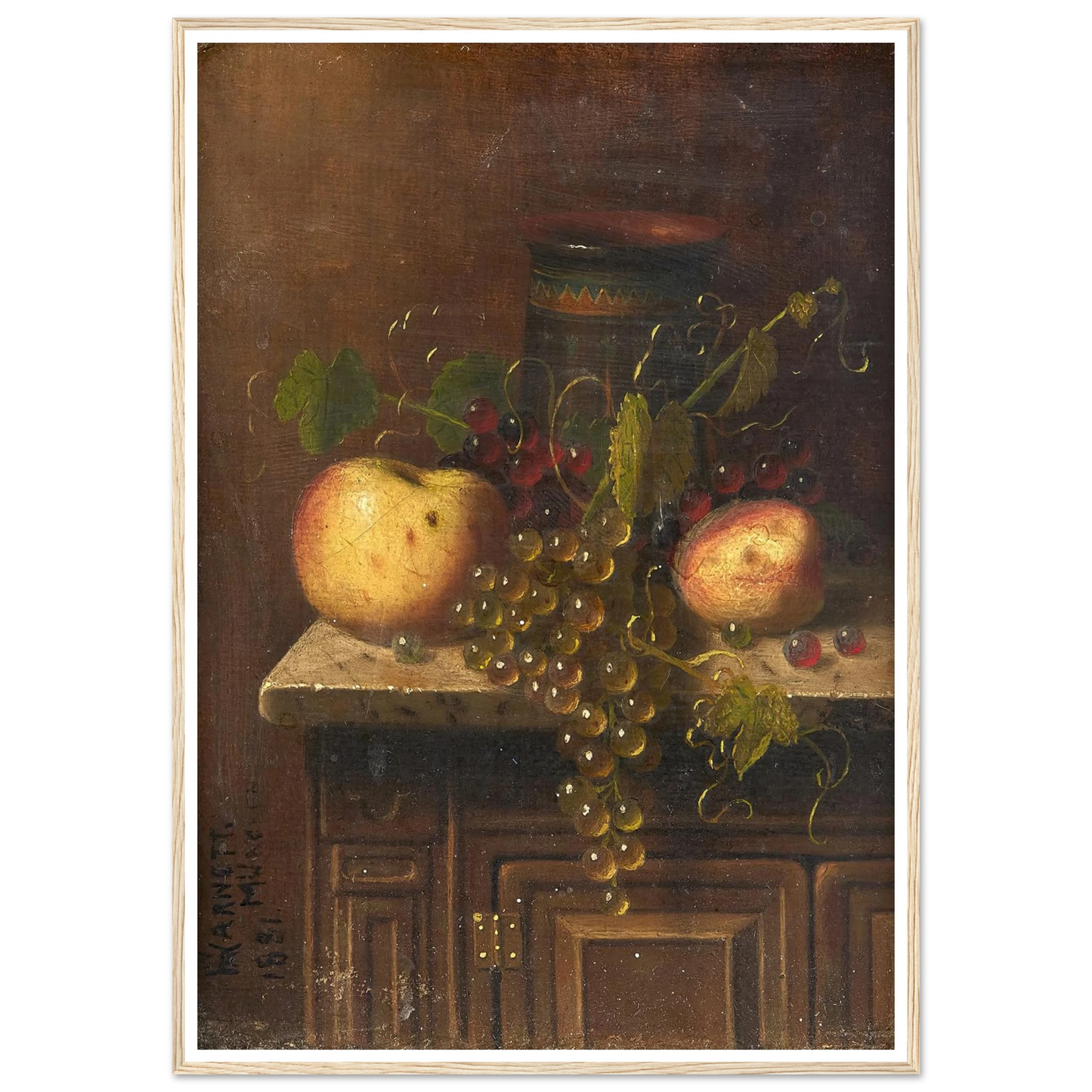 Still Life with Egyptian Vase, Apples and Grapes on a Marble Top Console (1881) Art Print | William Michael Harnett-Quipham Collections