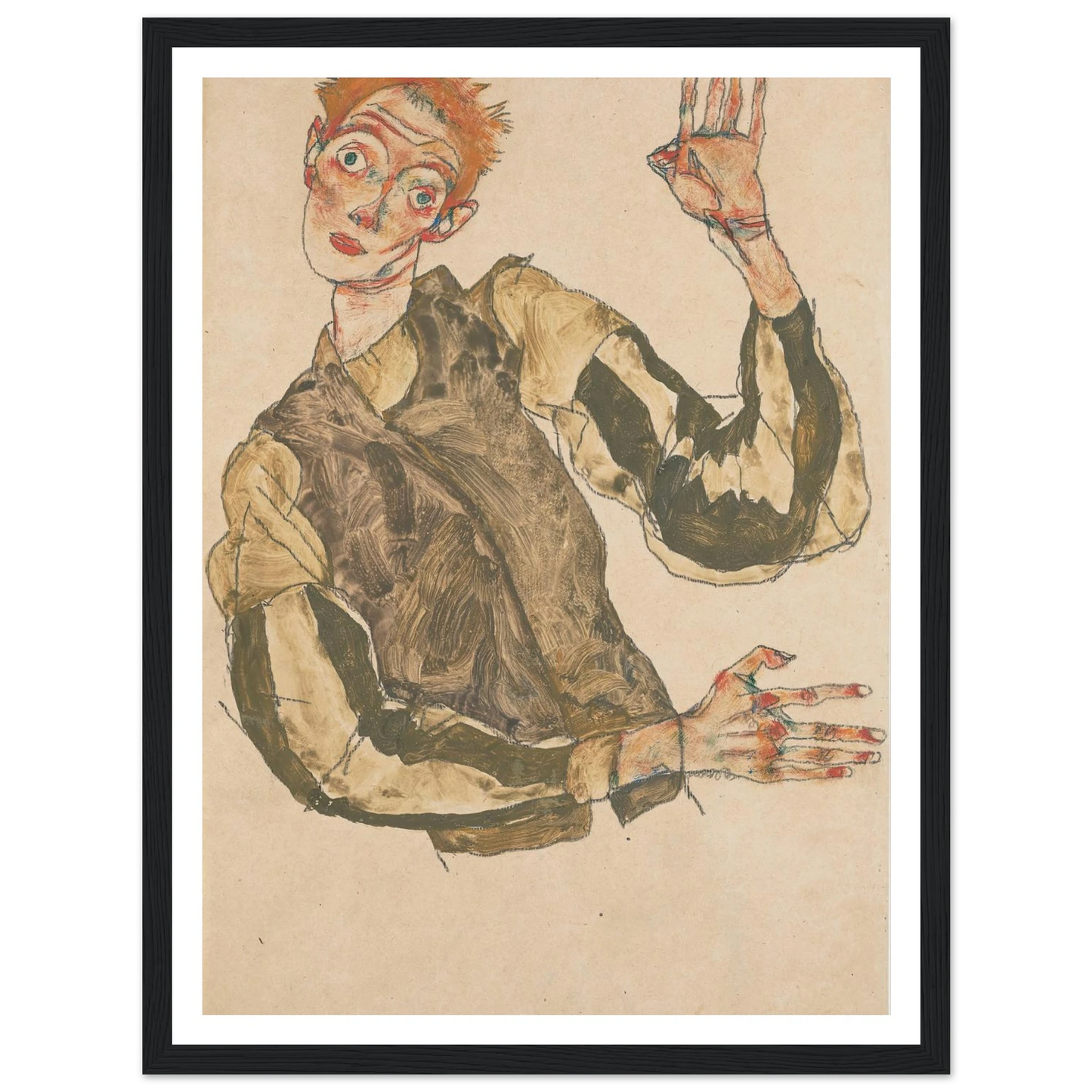 Self-Portrait with Striped Sleeves (1915) Art Print | Egon Schiele-Quipham Collections
