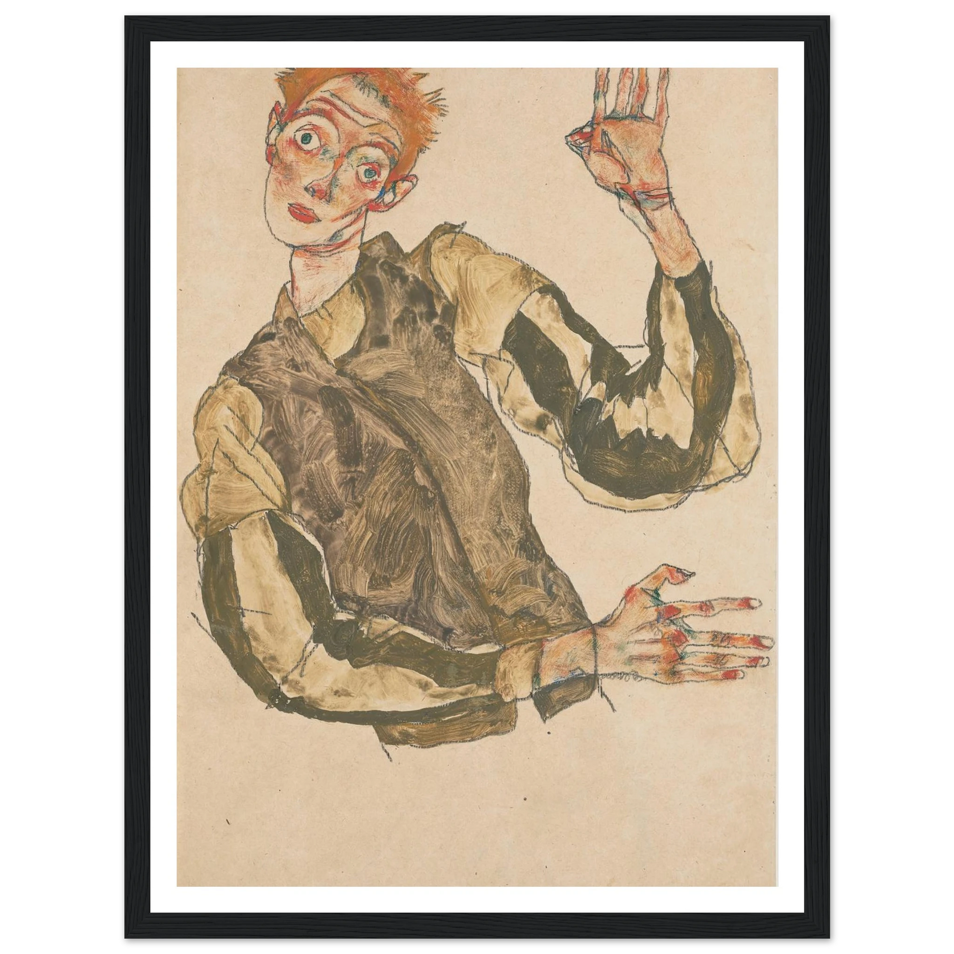 Self-Portrait with Striped Sleeves (1915) Art Print | Egon Schiele-Quipham Collections