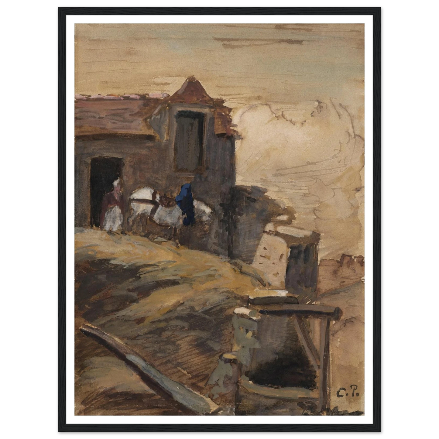 Cheval blanc devant une ferme (circa 1861-64) Art Print | Camille Pissarro-Quipham Collections