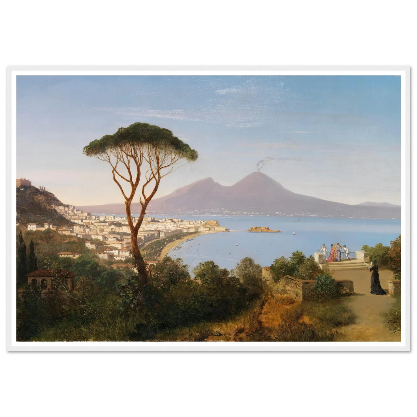 Blick vom Posillipo auf die weite Bucht von Neapel mit rauchendem Vesuv (Ca. 1850) Art Print | Albert Zimmermann-Quipham Collections
