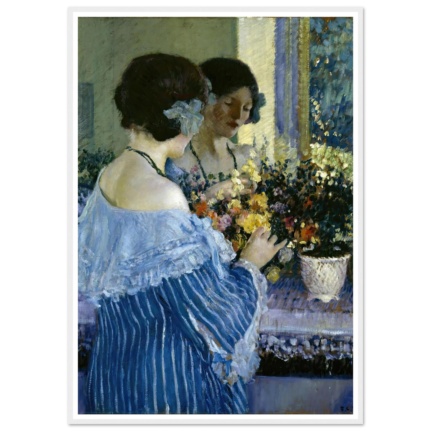 Girl in Blue Arranging Flowers (1915) Art Print | Frederick Carl Frieseke-Quipham Collections