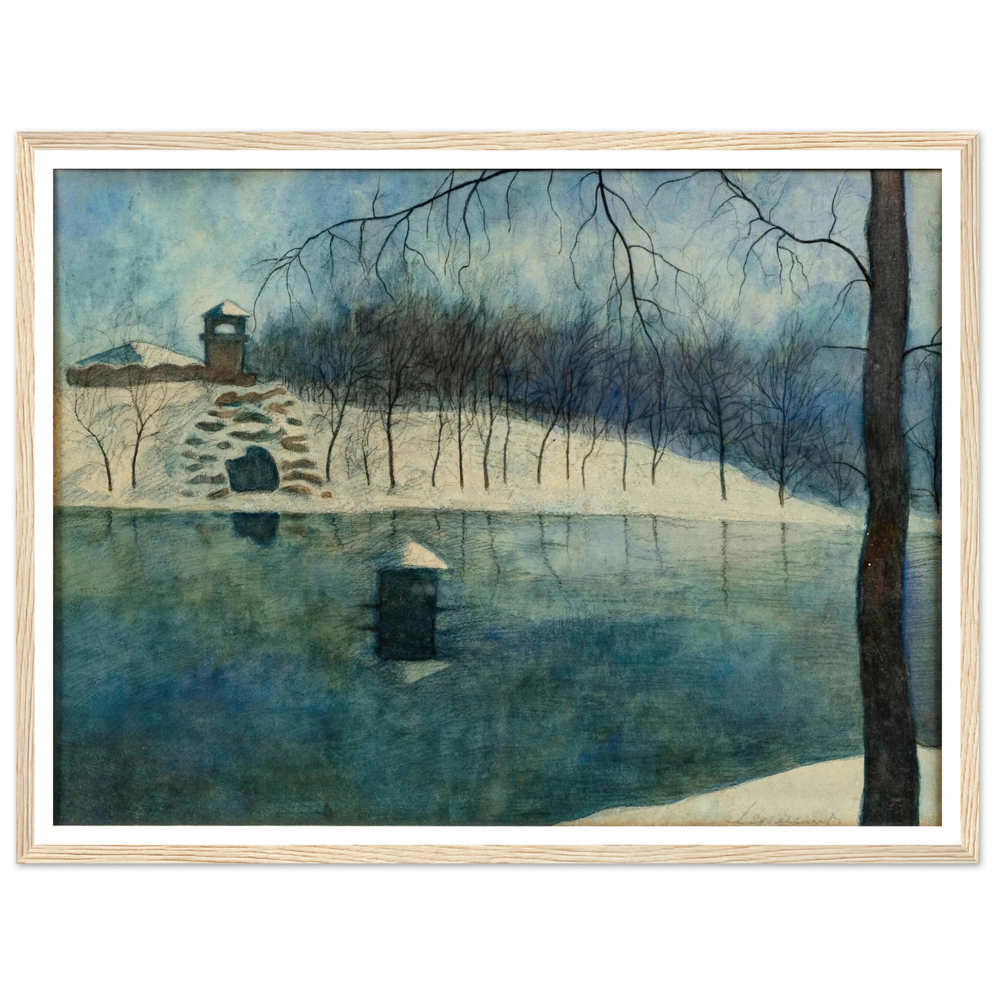 Le parc Léopold d’Ostende avec l’étang et le Trinkhall, sous la neige (1915) Art Print | Leon Spilliaert-Quipham Collections