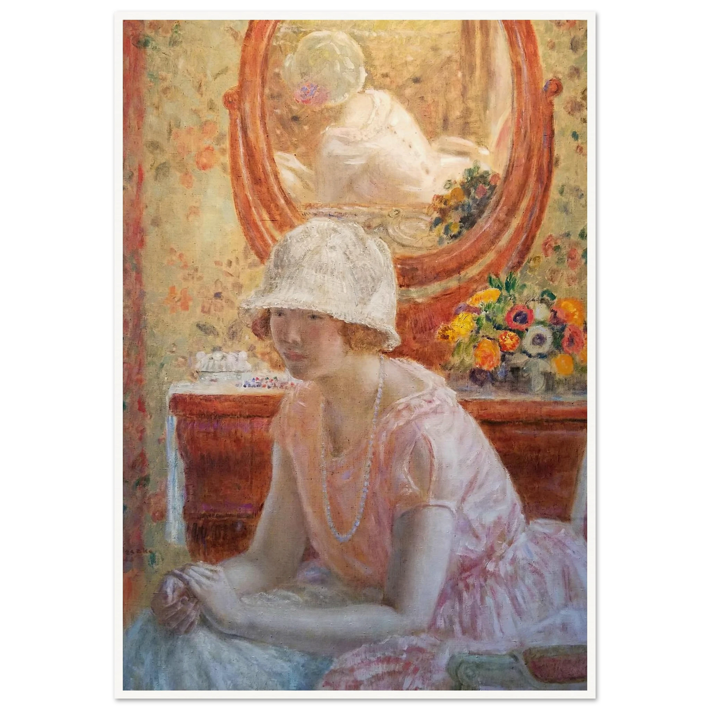Young Girl Before a Mirror in a Pink Dress (1923) Art Print | Frederick Carl Frieseke-Quipham Collections