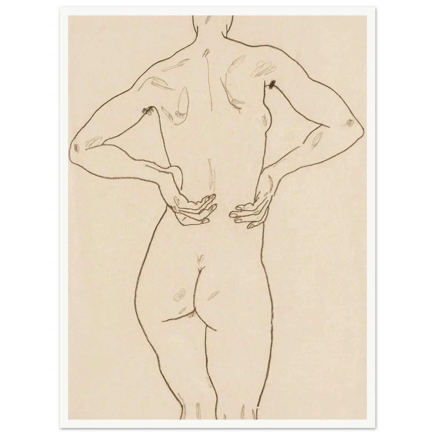Weiblicher Rückenakt, die Hände auf der Hüfte Art Print | Egon Schiele-Quipham Collections