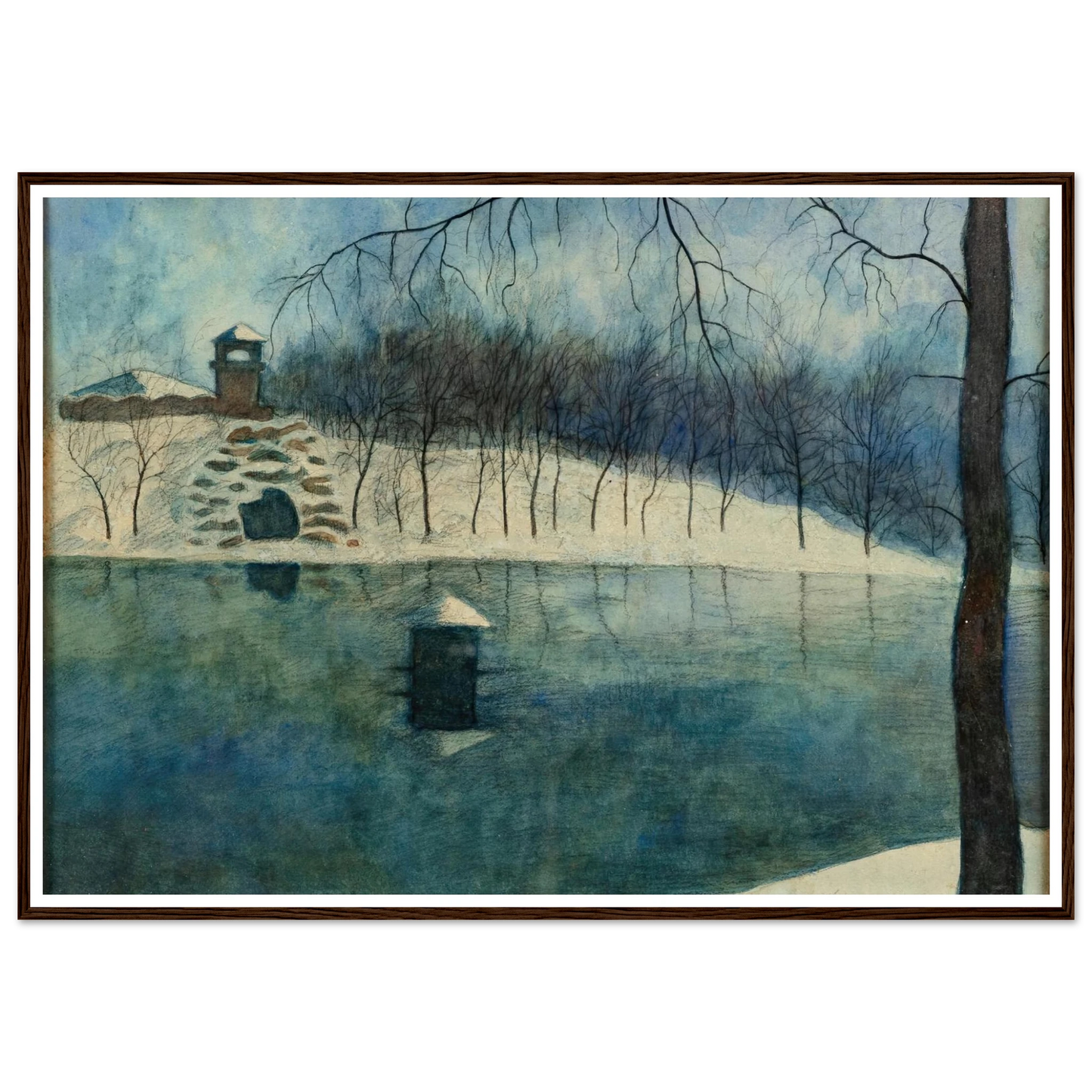 Le parc Léopold d’Ostende avec l’étang et le Trinkhall, sous la neige (1915) Art Print | Leon Spilliaert-Quipham Collections