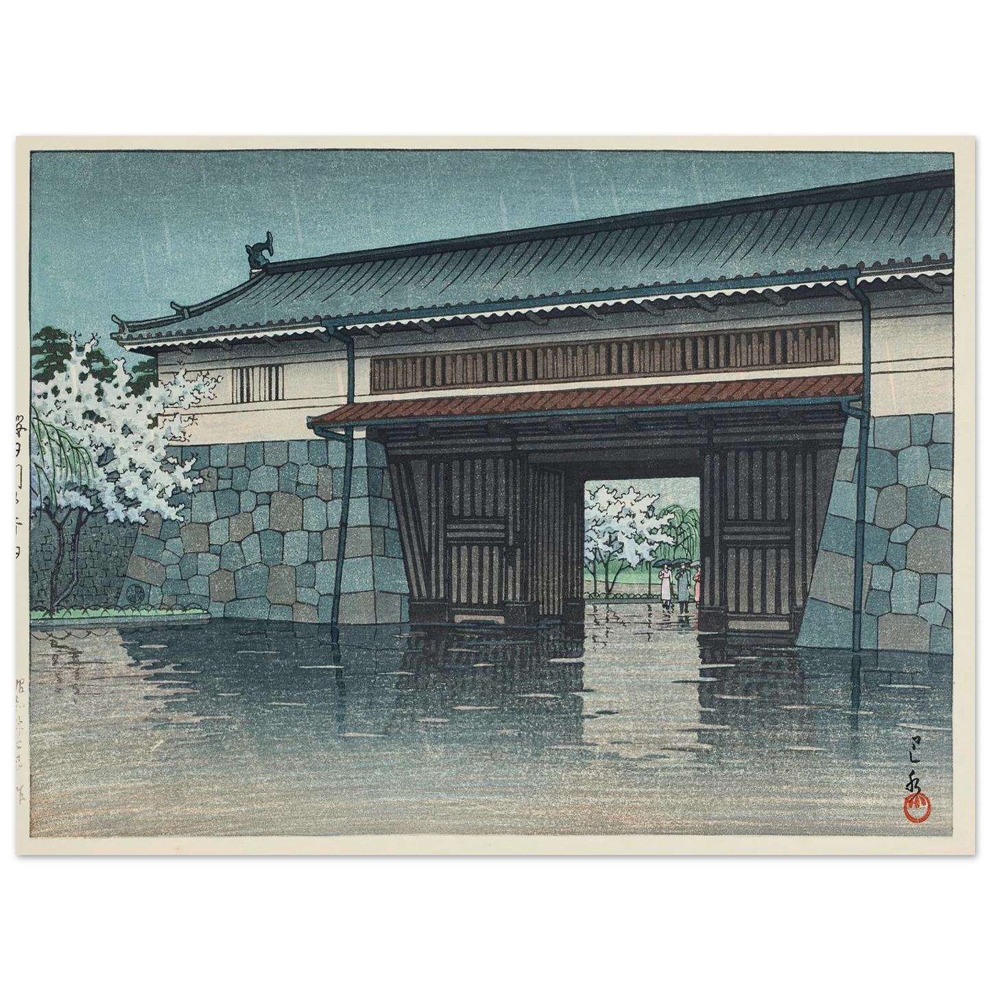 Sakuradamon no harusame (Spring rain at Sakurada Gate) (1952) Art Print | Kawase Hasui-Quipham Collections