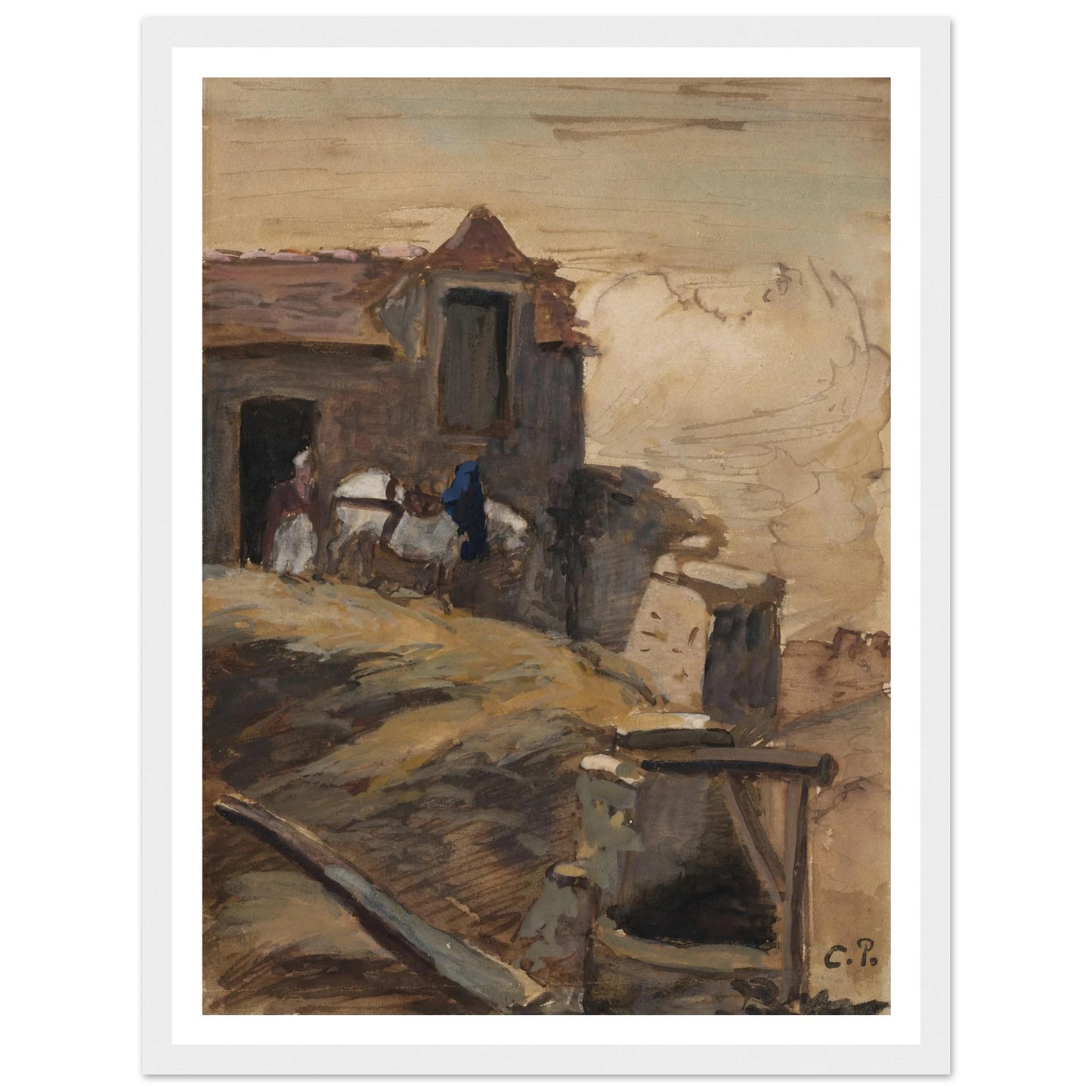 Cheval blanc devant une ferme (circa 1861-64) Art Print | Camille Pissarro-Quipham Collections