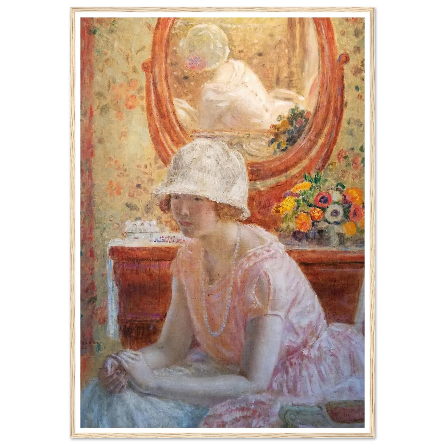 Young Girl Before a Mirror in a Pink Dress (1923) Art Print | Frederick Carl Frieseke-Quipham Collections