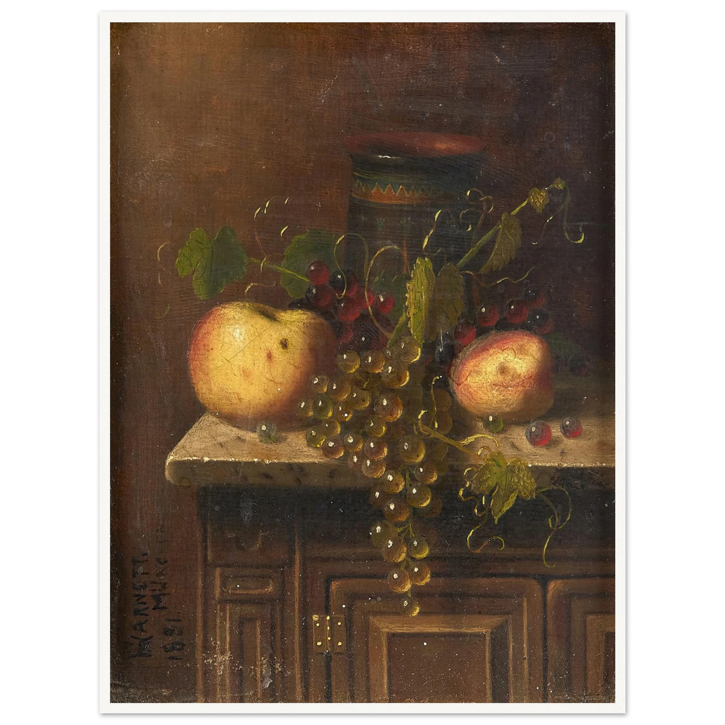 Still Life with Egyptian Vase, Apples and Grapes on a Marble Top Console (1881) Art Print | William Michael Harnett-Quipham Collections