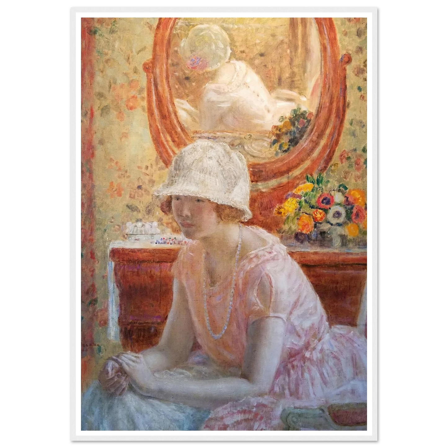 Young Girl Before a Mirror in a Pink Dress (1923) Art Print | Frederick Carl Frieseke-Quipham Collections