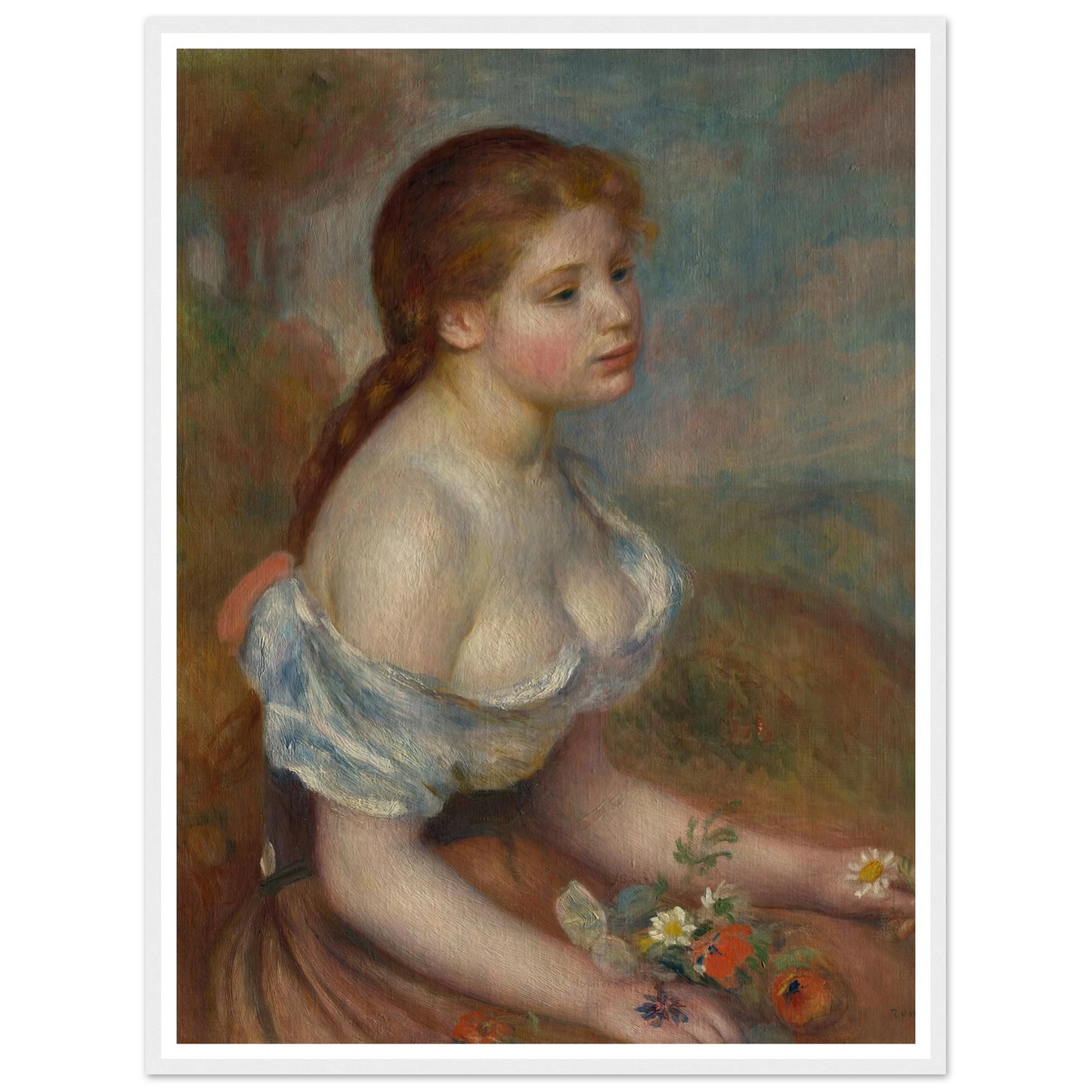 A Young Girl with Daisies (1889) Art Print | Pierre Auguste Renoir-Quipham Collections