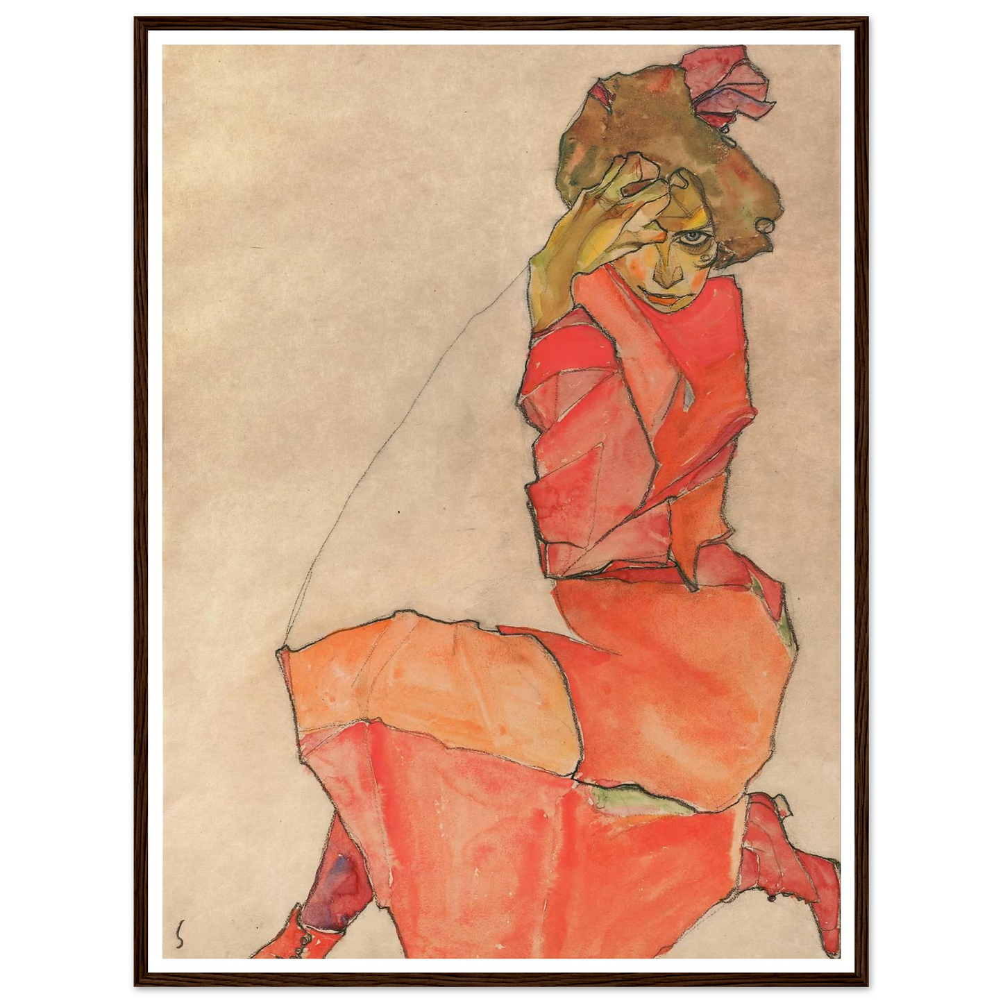 Kneeling Female in Orange-Red Dress (1910) Art Print | Egon Schiele-Quipham Collections
