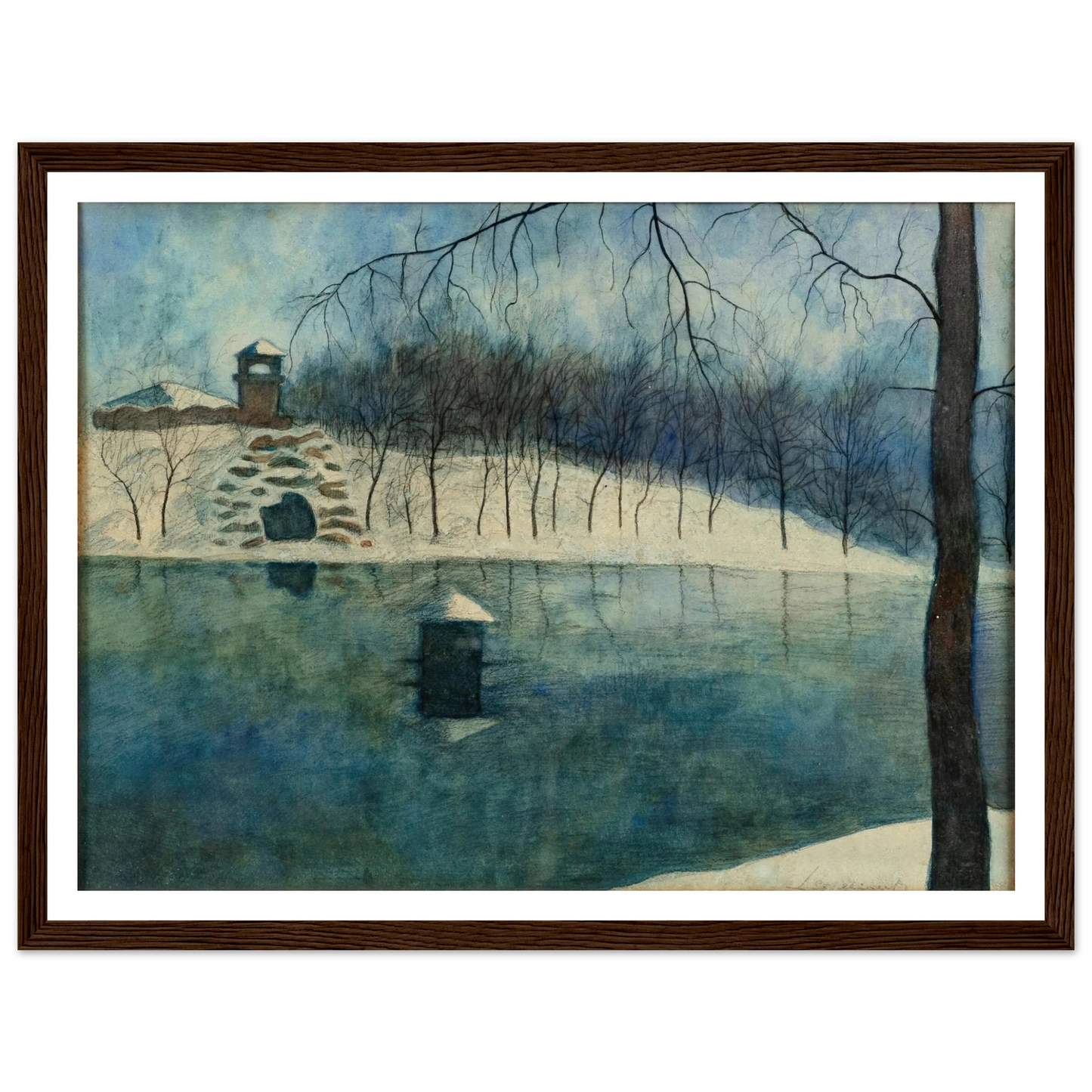 Le parc Léopold d’Ostende avec l’étang et le Trinkhall, sous la neige (1915) Art Print | Leon Spilliaert-Quipham Collections