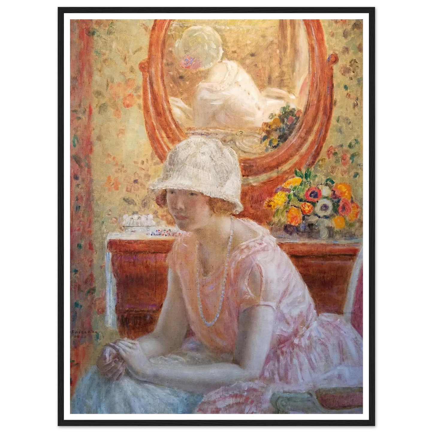 Young Girl Before a Mirror in a Pink Dress (1923) Art Print | Frederick Carl Frieseke-Quipham Collections