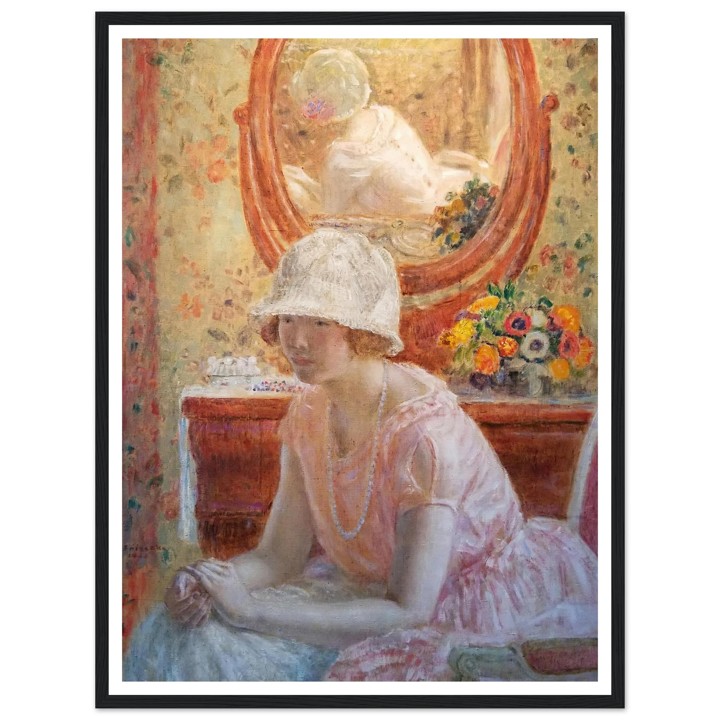 Young Girl Before a Mirror in a Pink Dress (1923) Art Print | Frederick Carl Frieseke-Quipham Collections