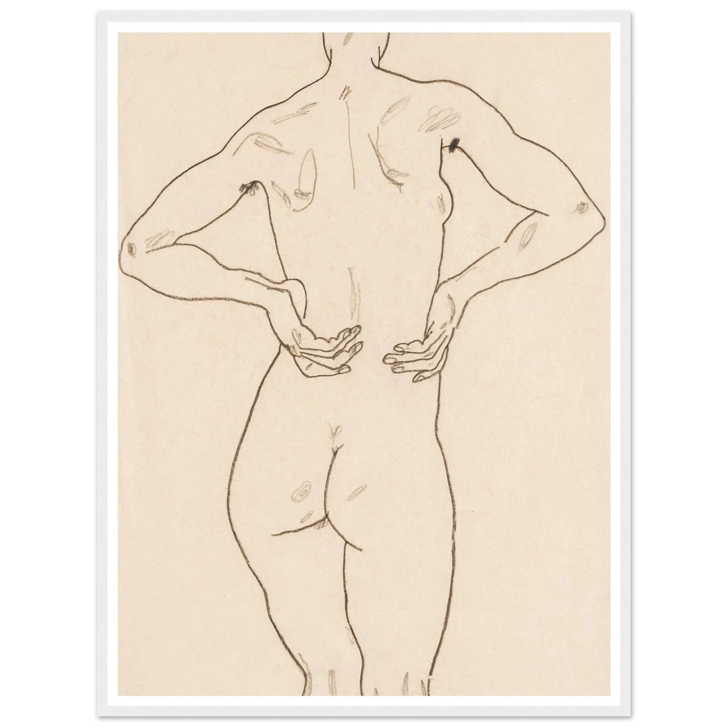 Weiblicher Rückenakt, die Hände auf der Hüfte Art Print | Egon Schiele-Quipham Collections
