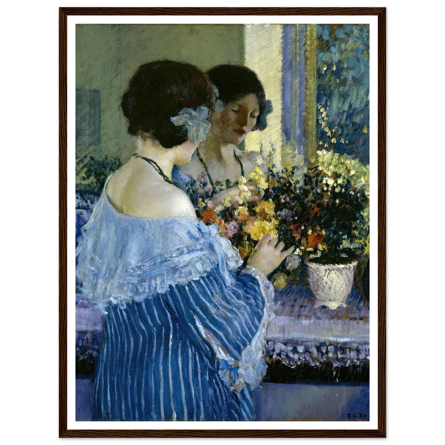 Girl in Blue Arranging Flowers (1915) Art Print | Frederick Carl Frieseke-Quipham Collections