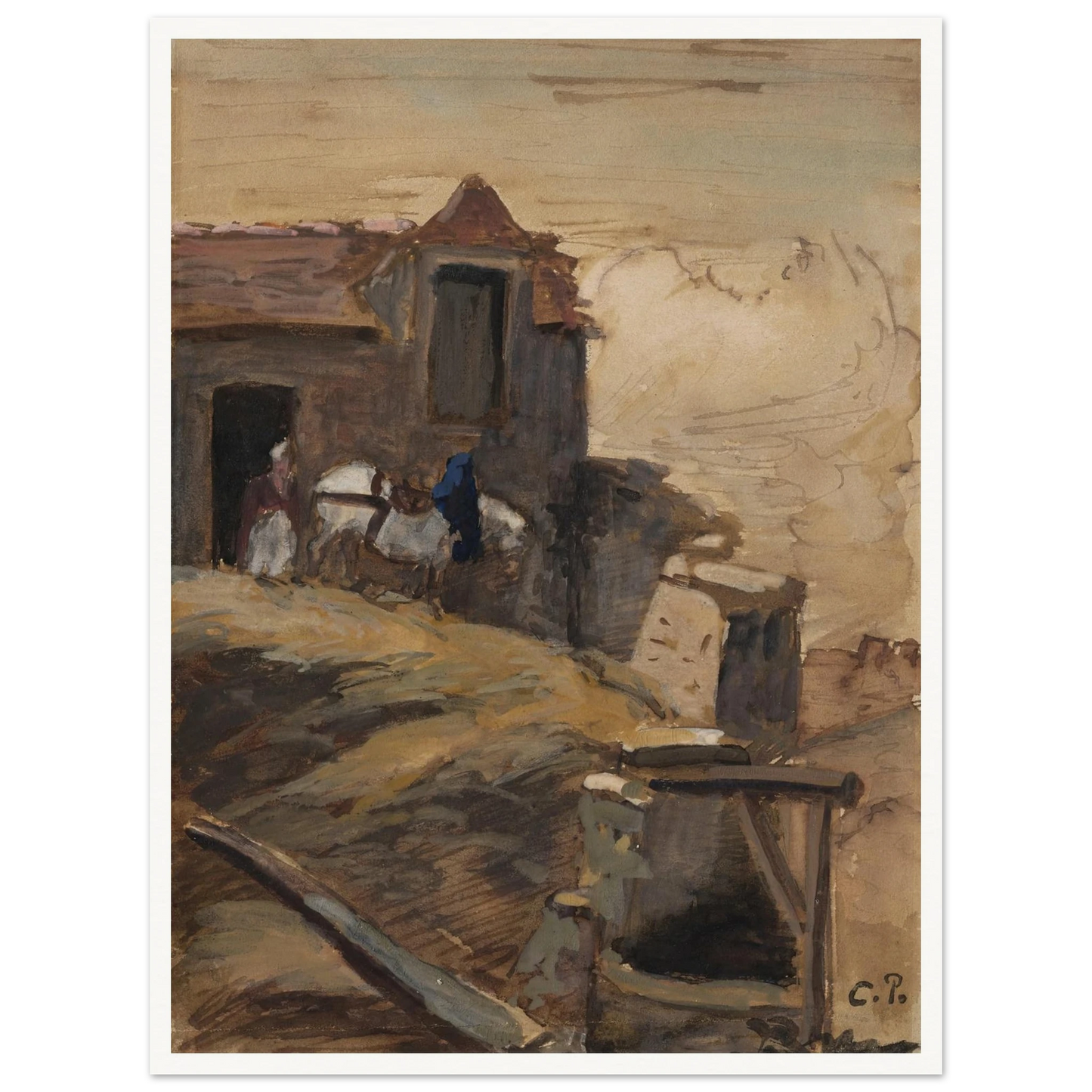 Cheval blanc devant une ferme (circa 1861-64) Art Print | Camille Pissarro-Quipham Collections