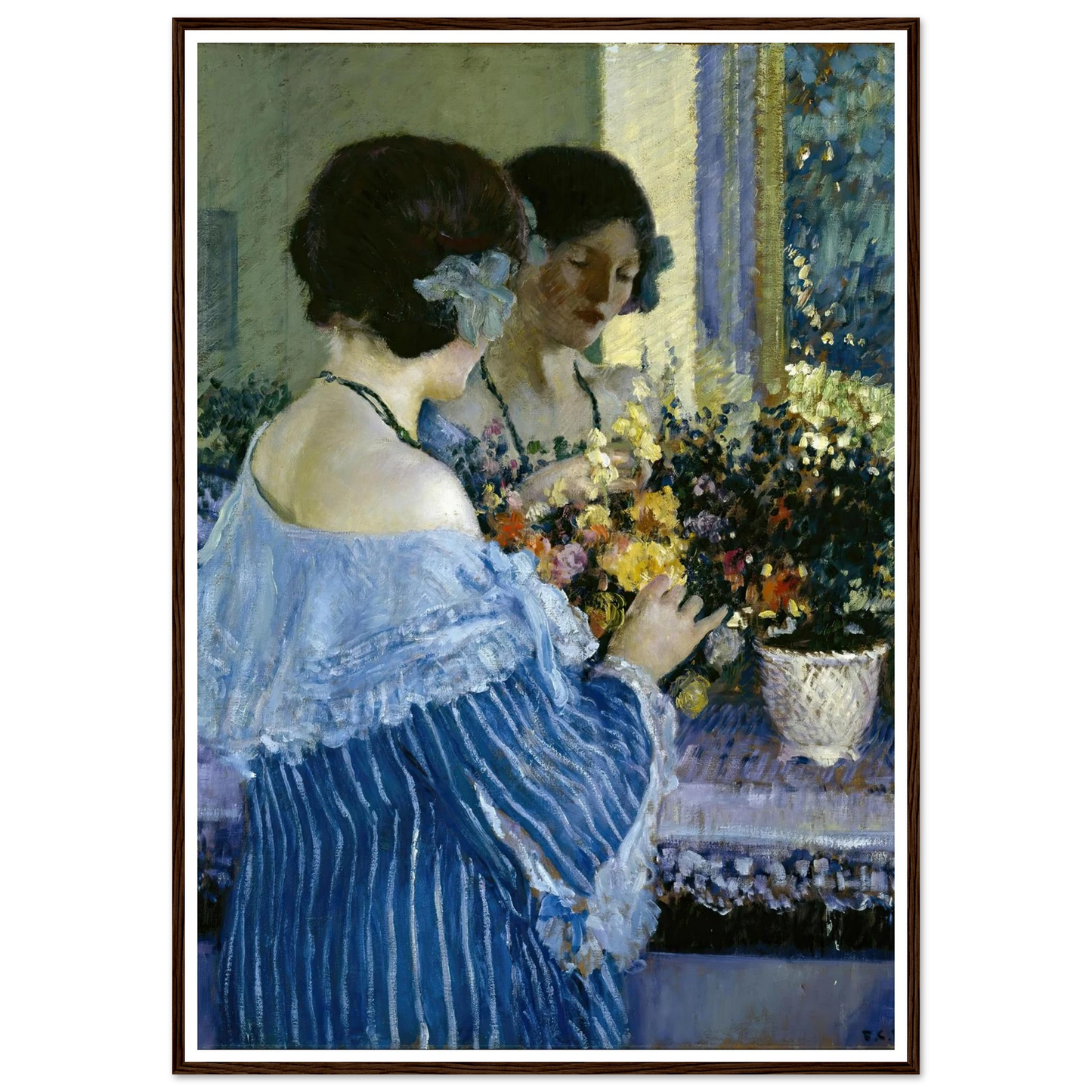 Girl in Blue Arranging Flowers (1915) Art Print | Frederick Carl Frieseke-Quipham Collections