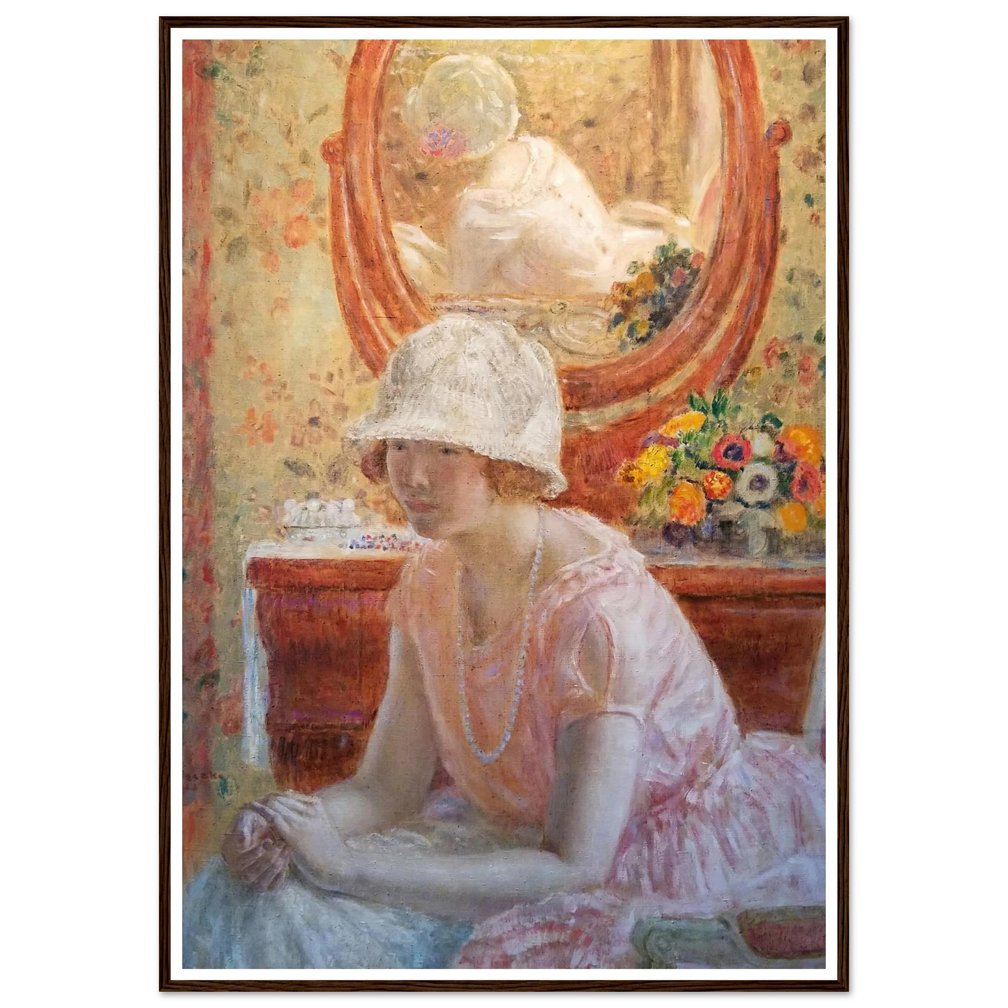 Young Girl Before a Mirror in a Pink Dress (1923) Art Print | Frederick Carl Frieseke-Quipham Collections