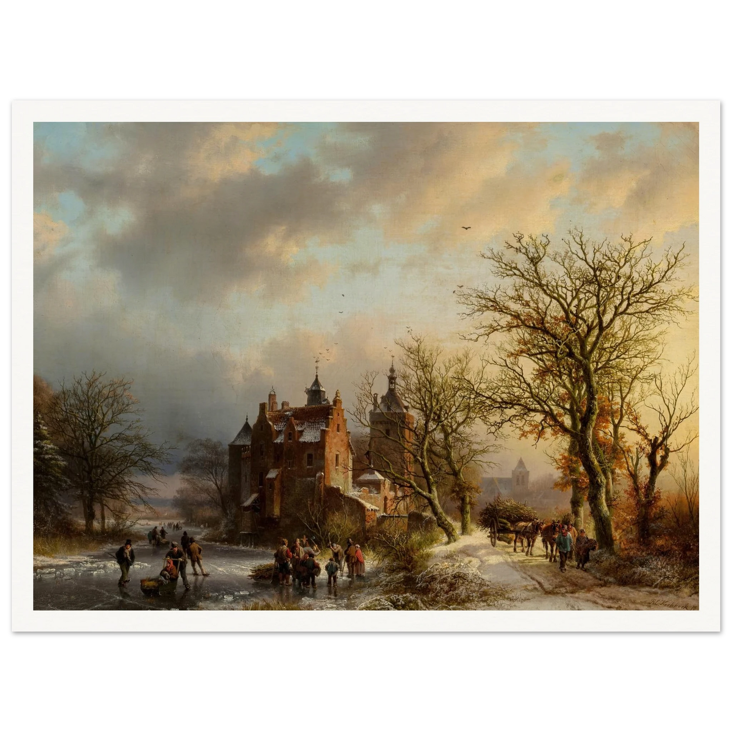 Winter landscape with wood gatherers and skaters (1854) Art Print | Barend Cornelis Koekkoek-Quipham Collections