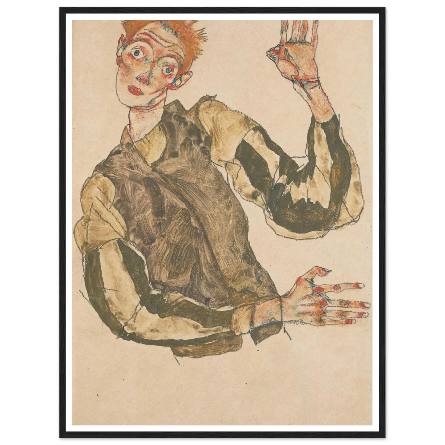 Self-Portrait with Striped Sleeves (1915) Art Print | Egon Schiele-Quipham Collections