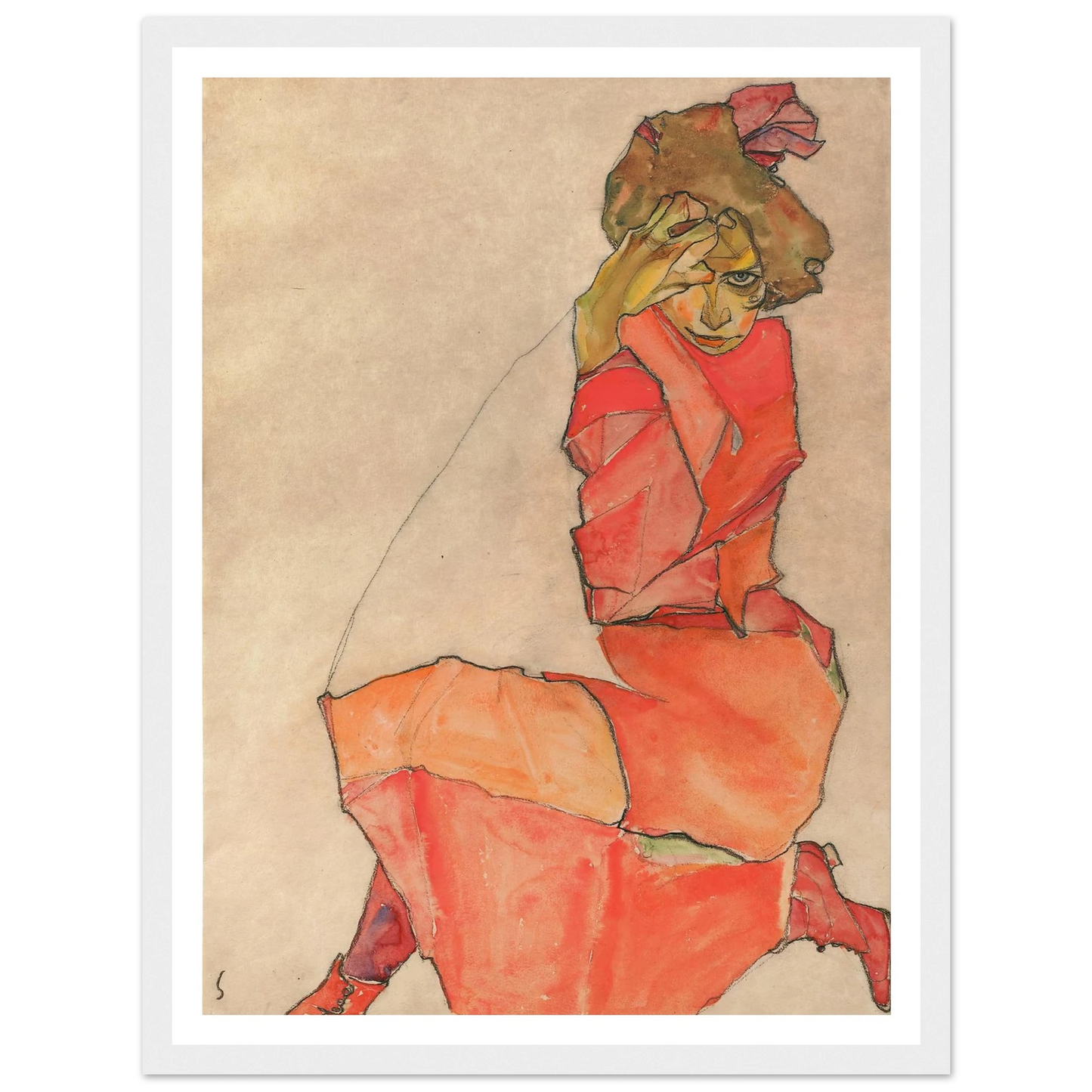 Kneeling Female in Orange-Red Dress (1910) Art Print | Egon Schiele-Quipham Collections
