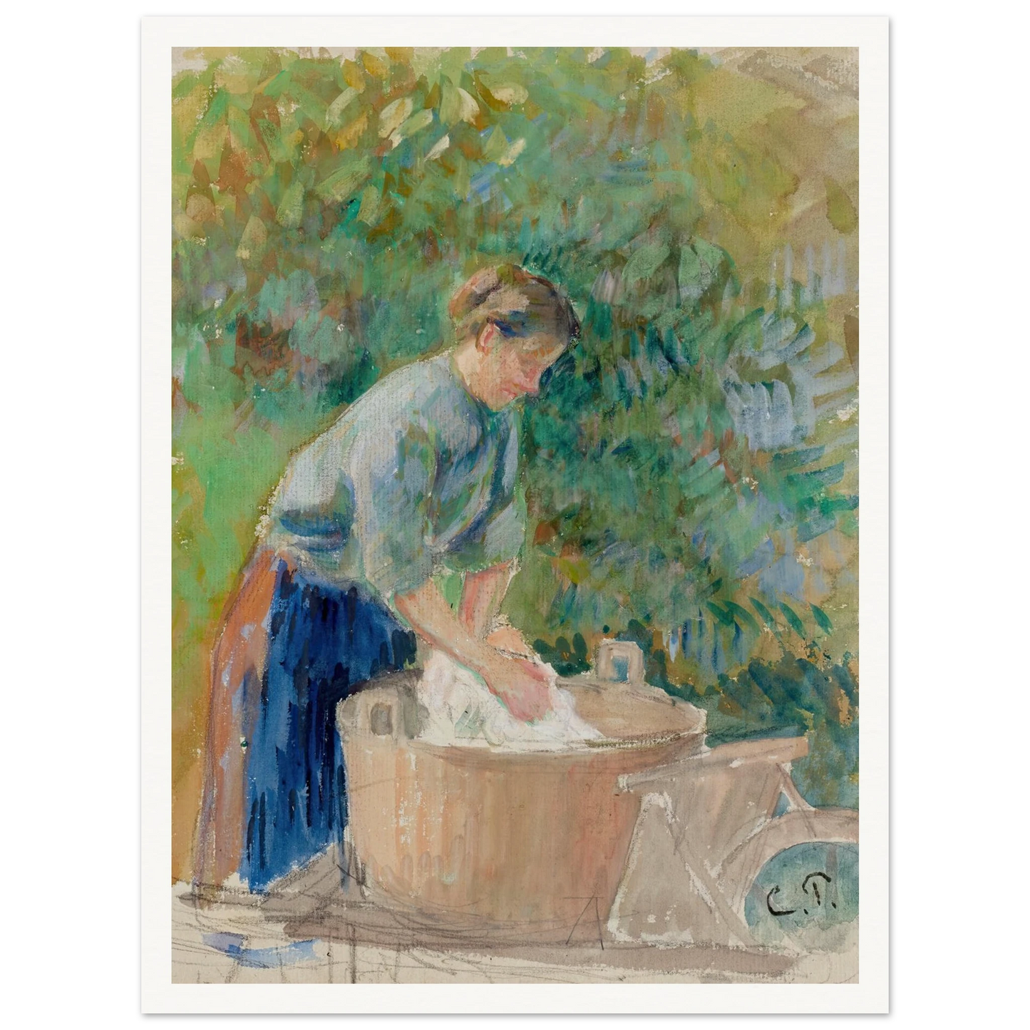Femme lavant du linge dans un baquet (circa 1889) Art Print | Camille Pissarro-Quipham Collections