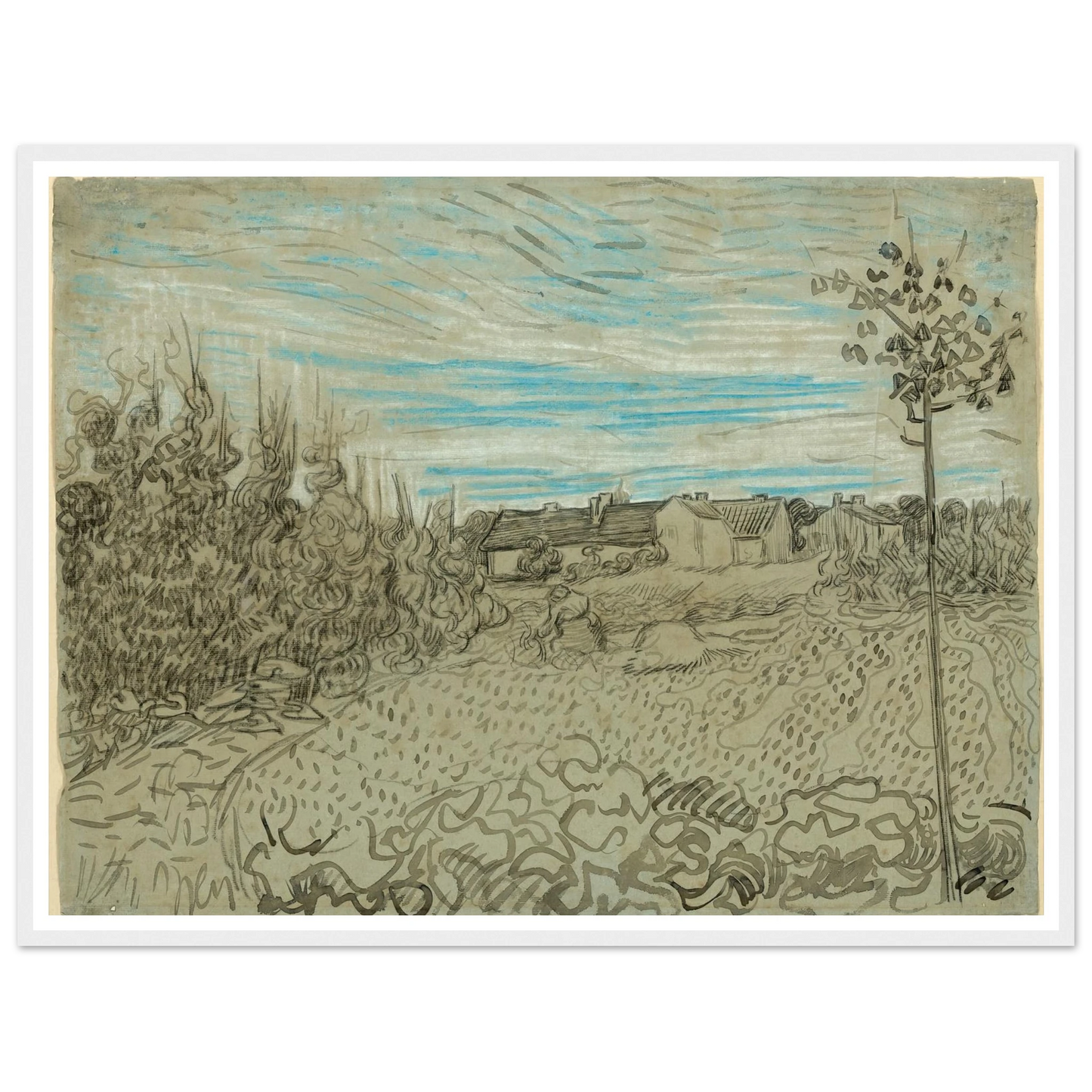 Cottages with a Woman Working in the Middle Ground (1890) Art Print | Vincent van Gogh-Quipham Collections