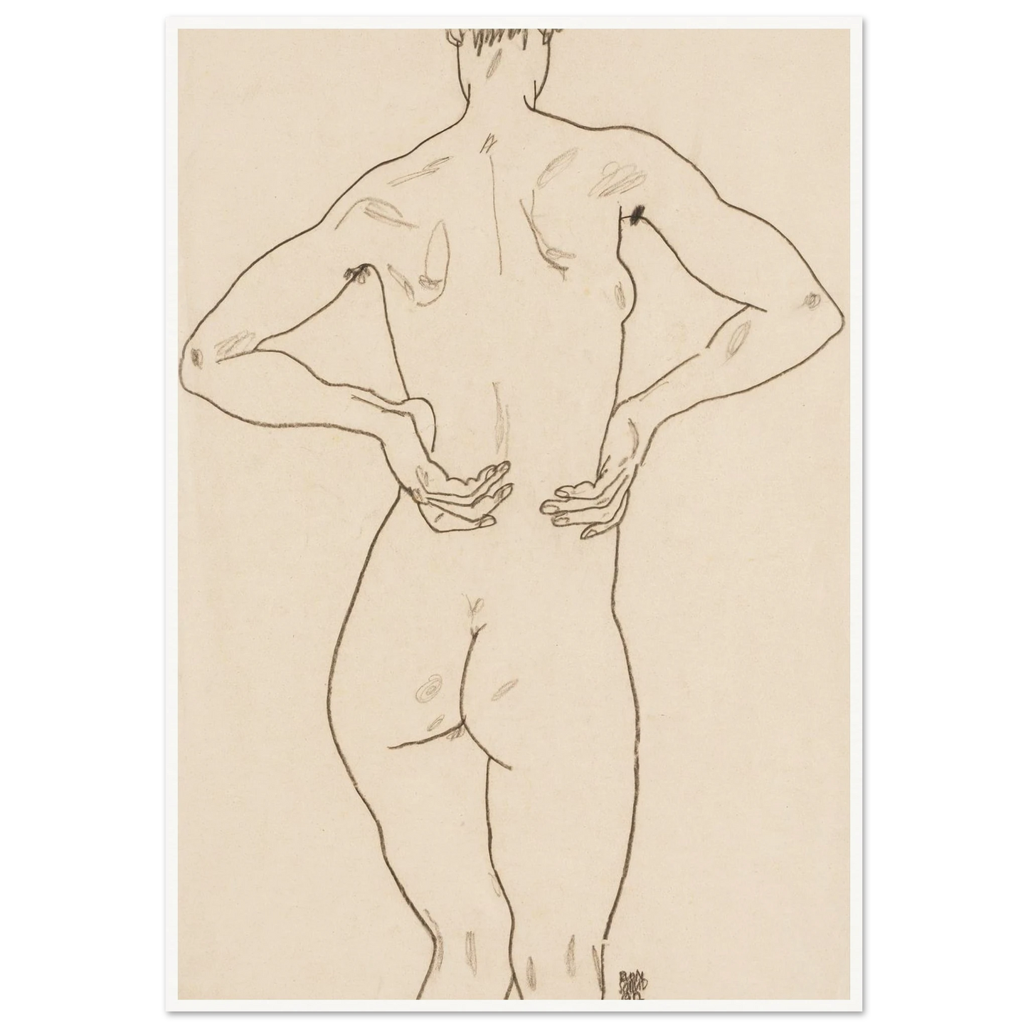 Weiblicher Rückenakt, die Hände auf der Hüfte Art Print | Egon Schiele-Quipham Collections