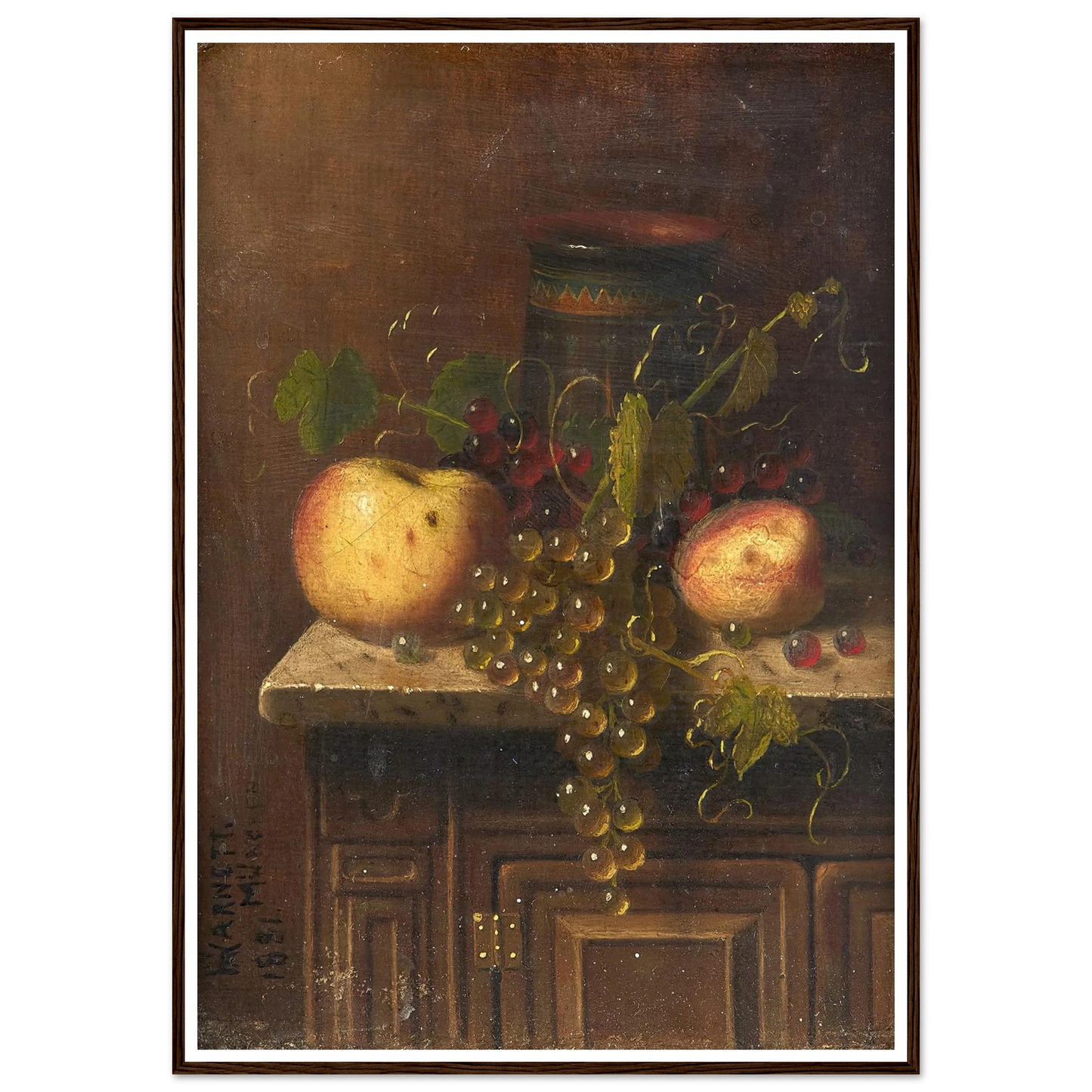 Still Life with Egyptian Vase, Apples and Grapes on a Marble Top Console (1881) Art Print | William Michael Harnett-Quipham Collections
