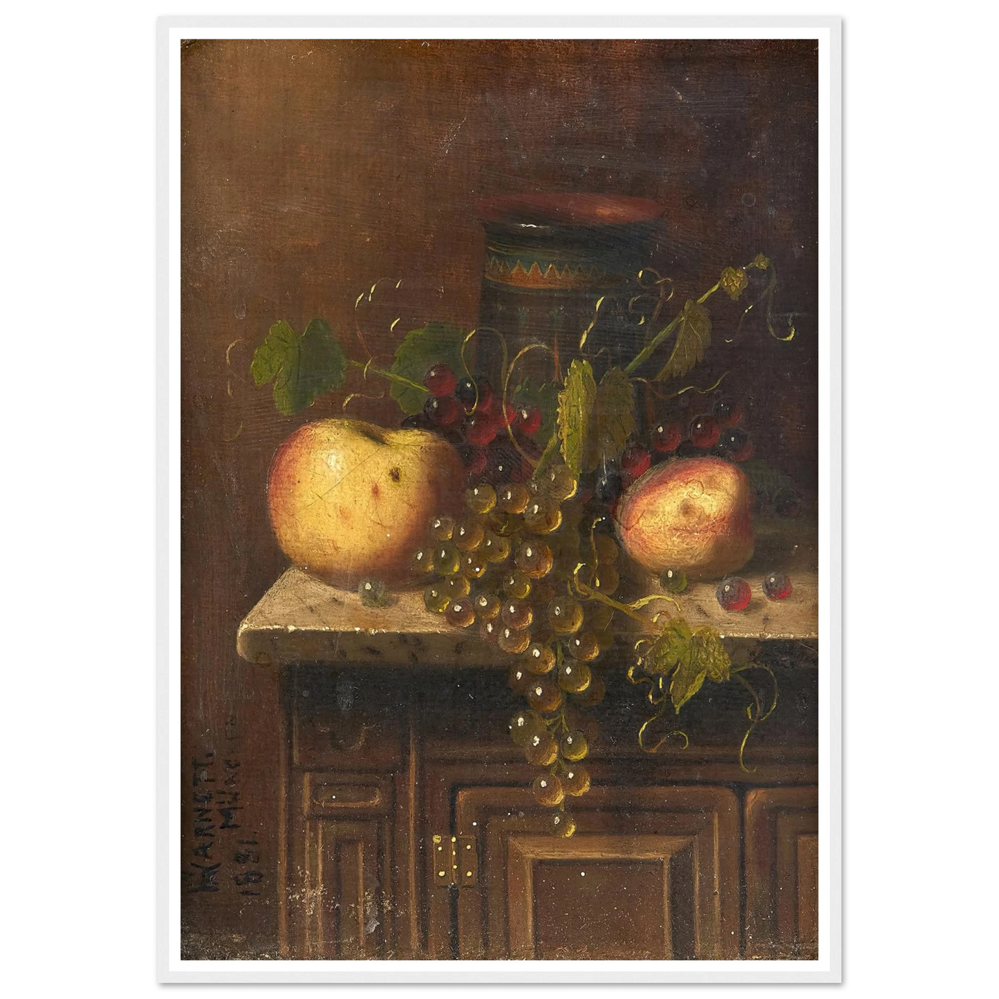 Still Life with Egyptian Vase, Apples and Grapes on a Marble Top Console (1881) Art Print | William Michael Harnett-Quipham Collections