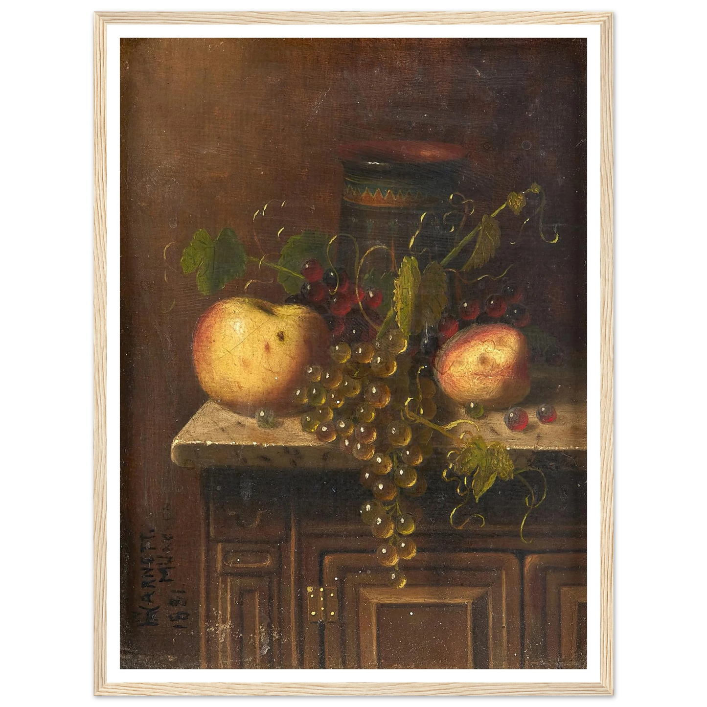 Still Life with Egyptian Vase, Apples and Grapes on a Marble Top Console (1881) Art Print | William Michael Harnett-Quipham Collections