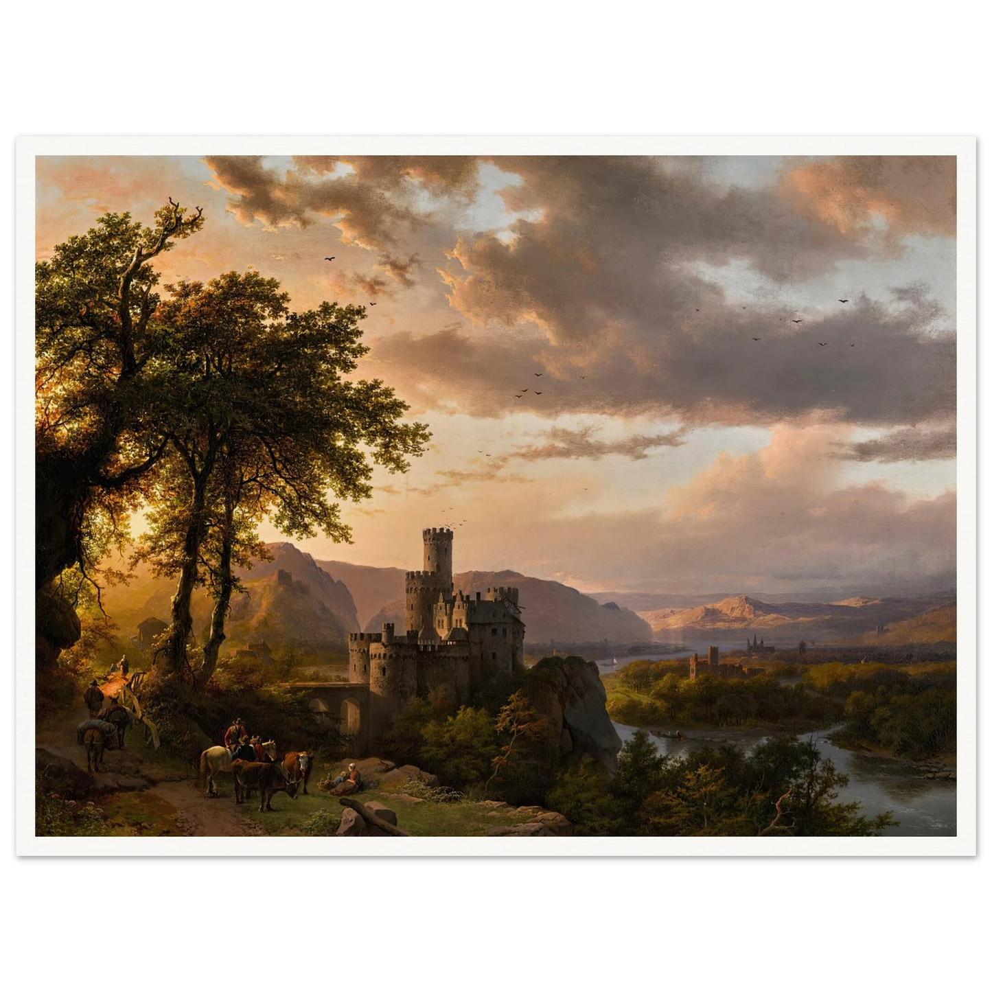 A hilly landscape with castle and travelers on a path (1855) Art Print | Barend Cornelis Koekkoek-Quipham Collections