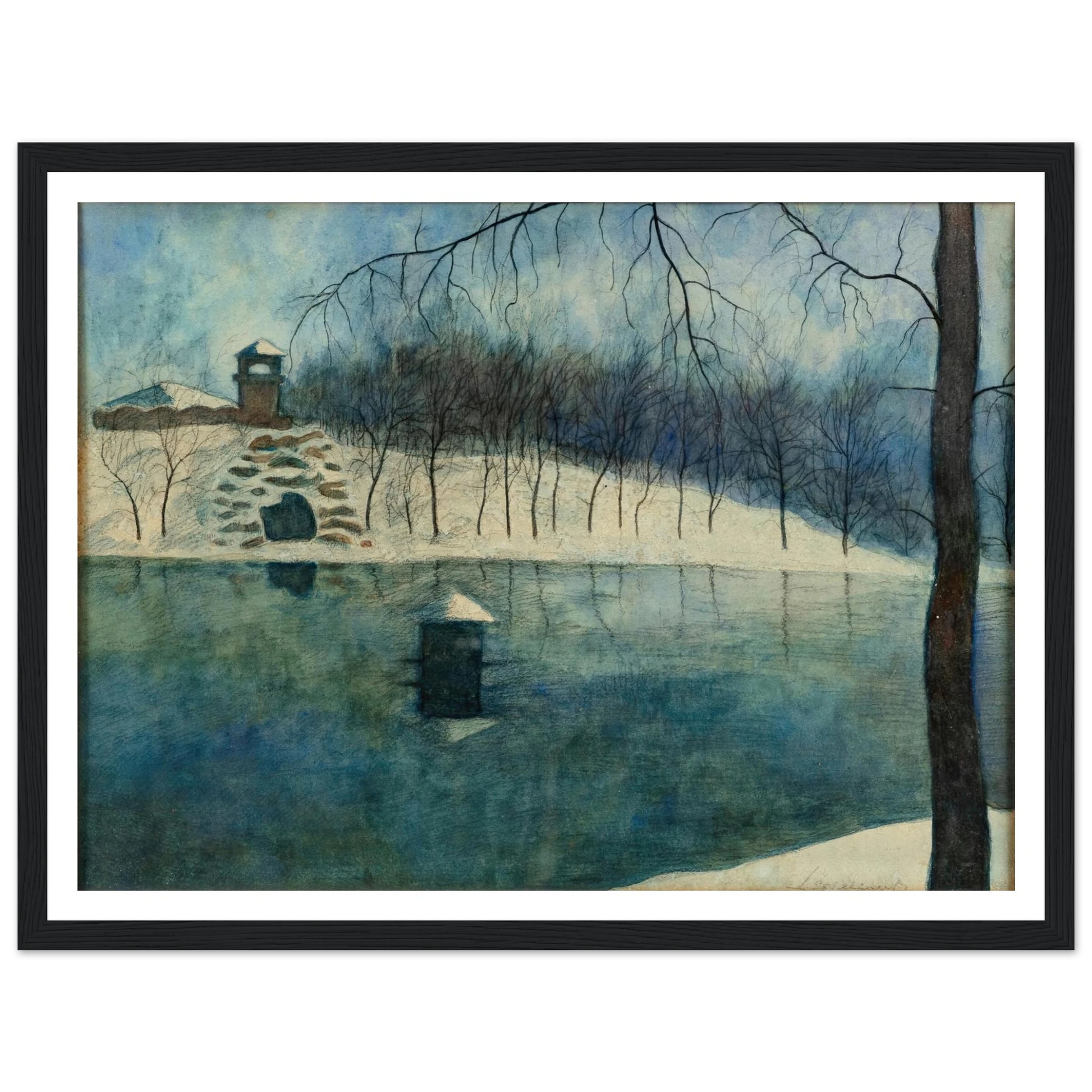 Le parc Léopold d’Ostende avec l’étang et le Trinkhall, sous la neige (1915) Art Print | Leon Spilliaert-Quipham Collections