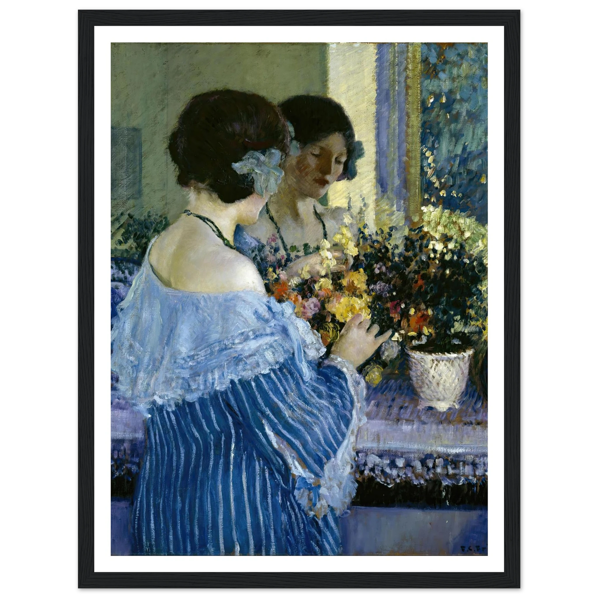 Girl in Blue Arranging Flowers (1915) Art Print | Frederick Carl Frieseke-Quipham Collections