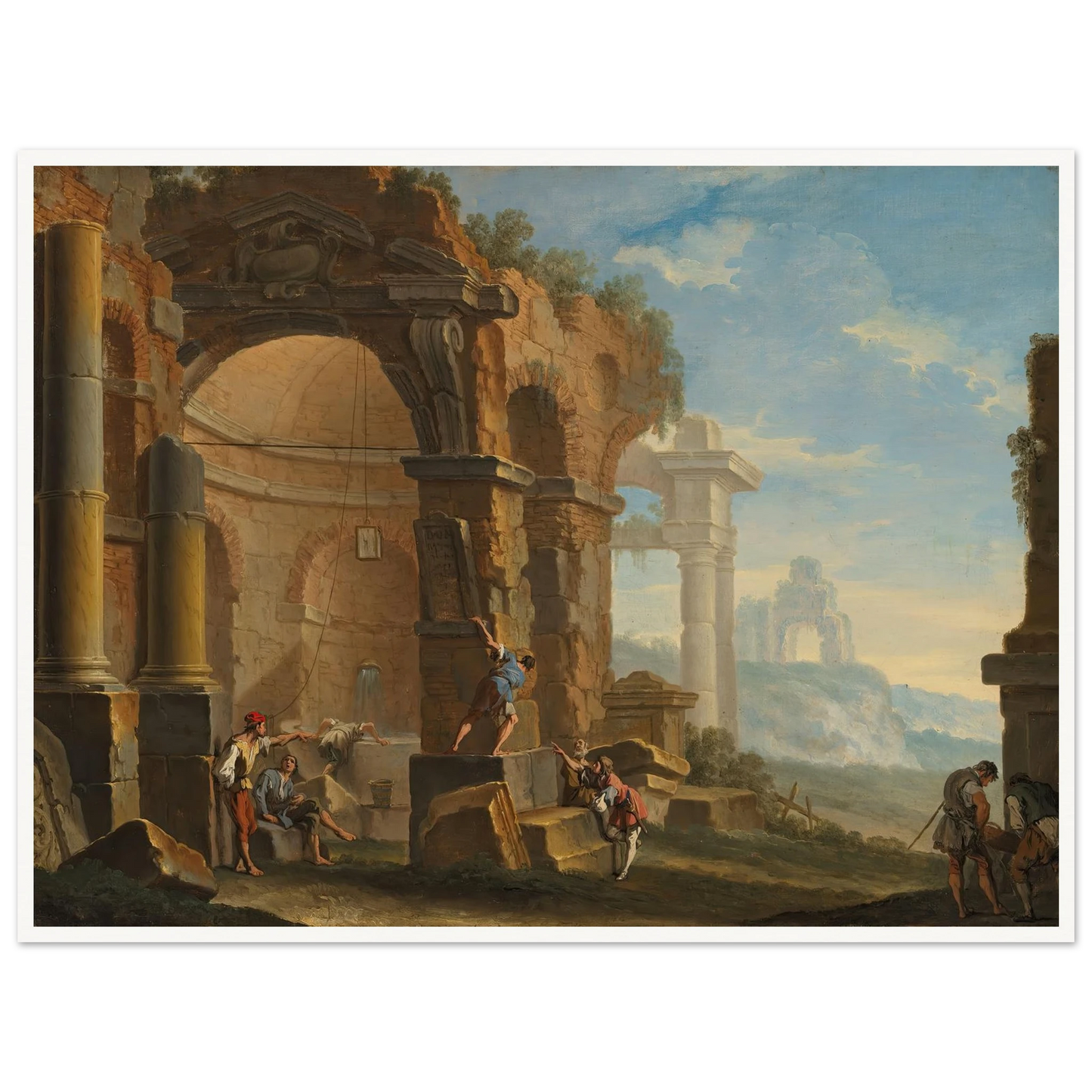 A capriccio with figures conversing by classical ruins Art Print | Sebastiano Ricci-Quipham Collections