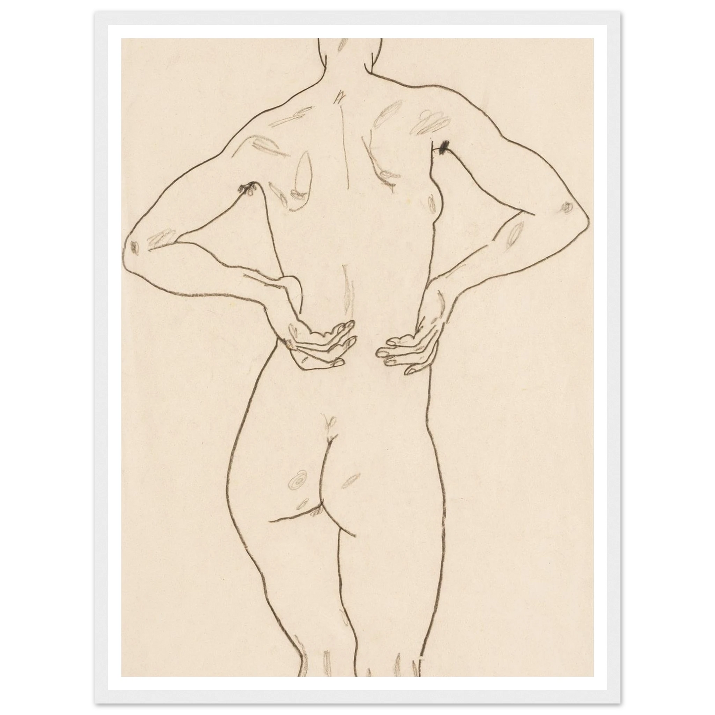 Weiblicher Rückenakt, die Hände auf der Hüfte Art Print | Egon Schiele-Quipham Collections