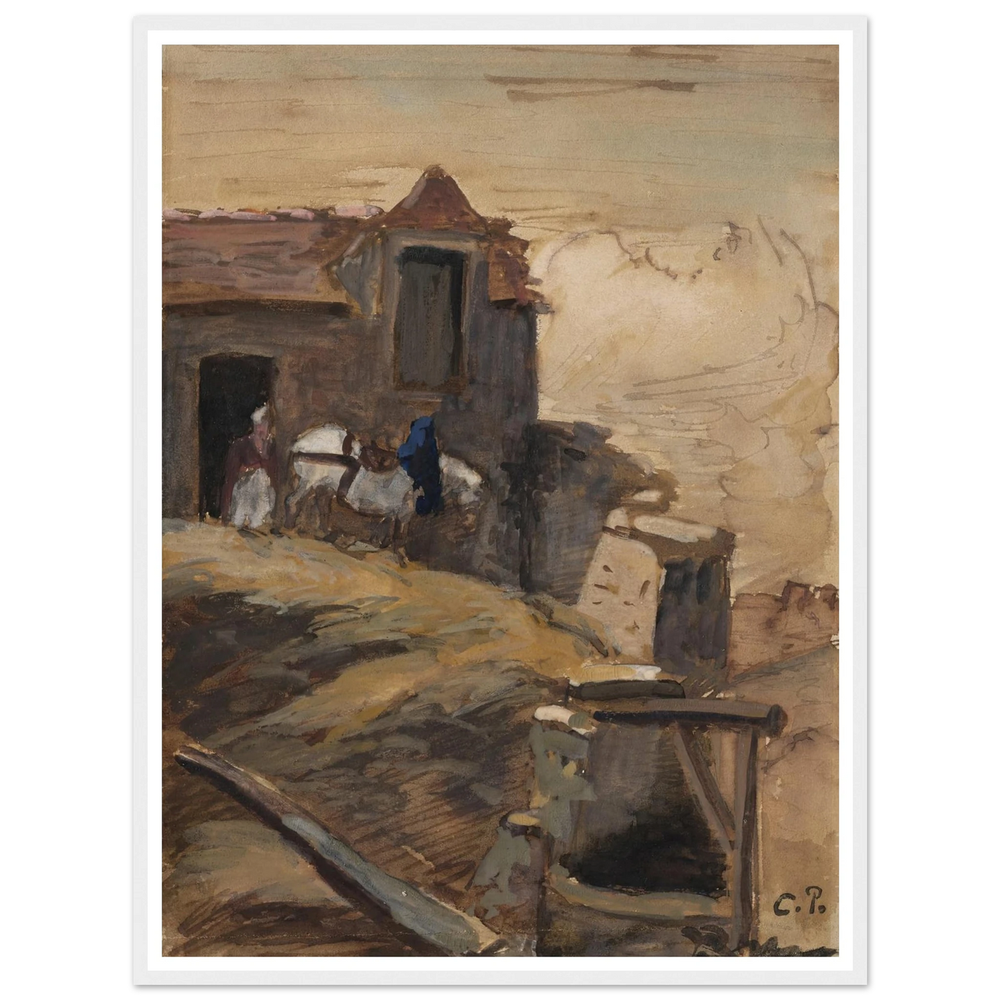 Cheval blanc devant une ferme (circa 1861-64) Art Print | Camille Pissarro-Quipham Collections
