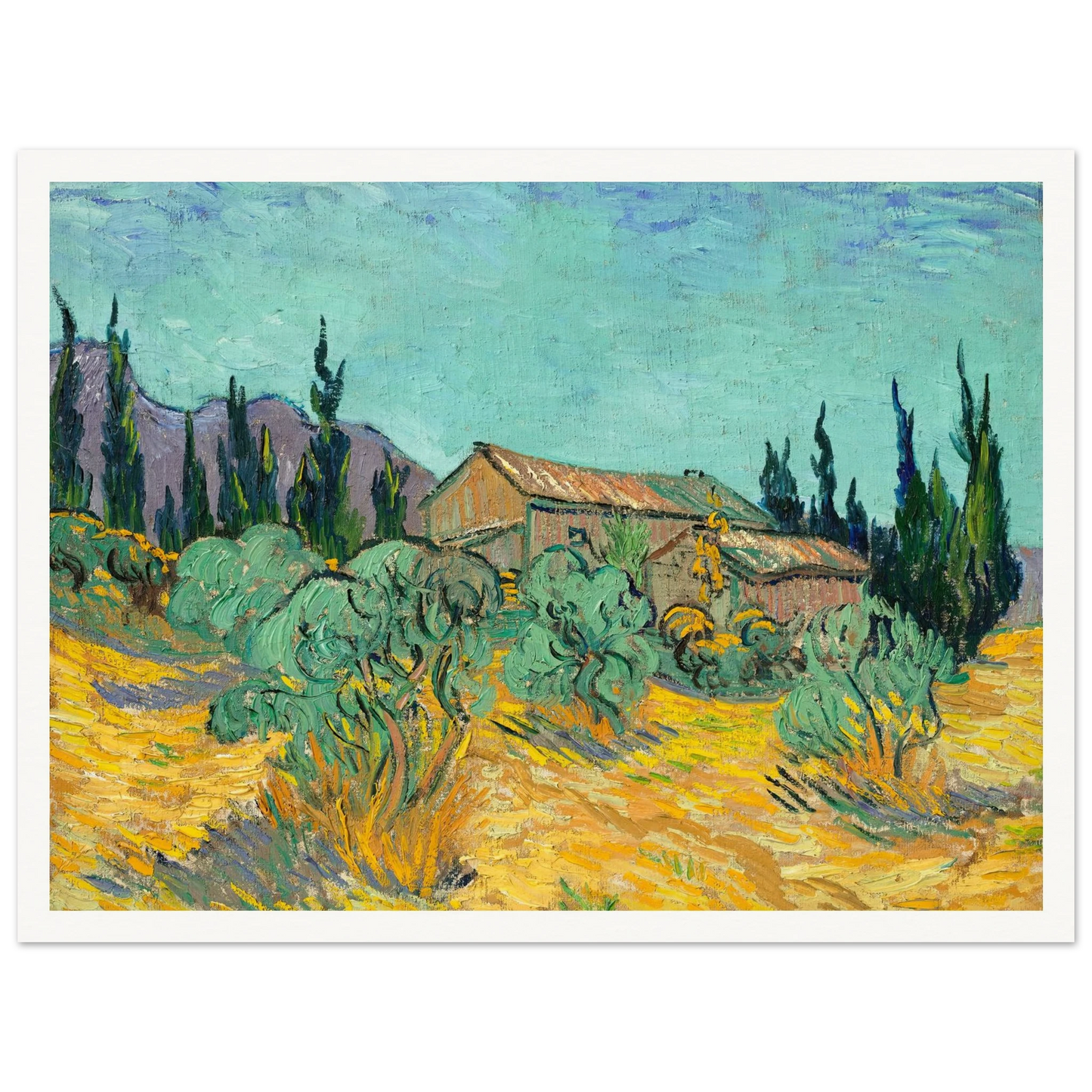 Cabanes de bois parmi les oliviers et cyprès (1889) Art Print | Vincent van Gogh-Quipham Collections